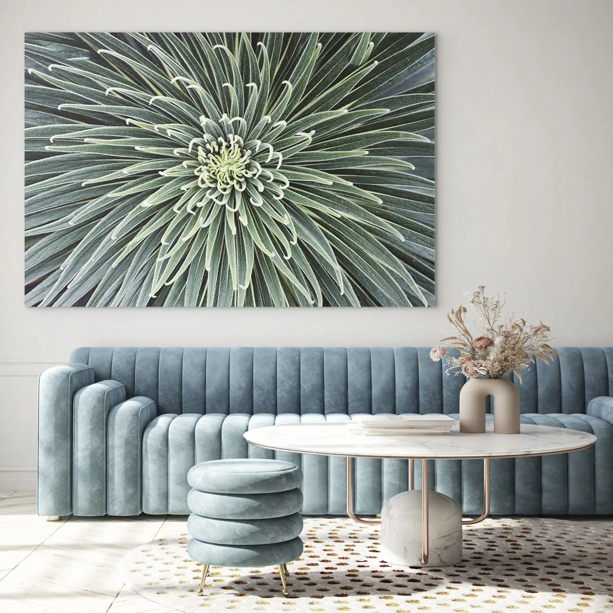 Glasbild - Bild auf glas - Symmetrische Rosette aus grünen Blättern in der Makrofotografie - 70x50cm - Ein Star ist geboren - Moderne Wanddekoration für Wohnzimmer und Schlafzimmer ARTTOR