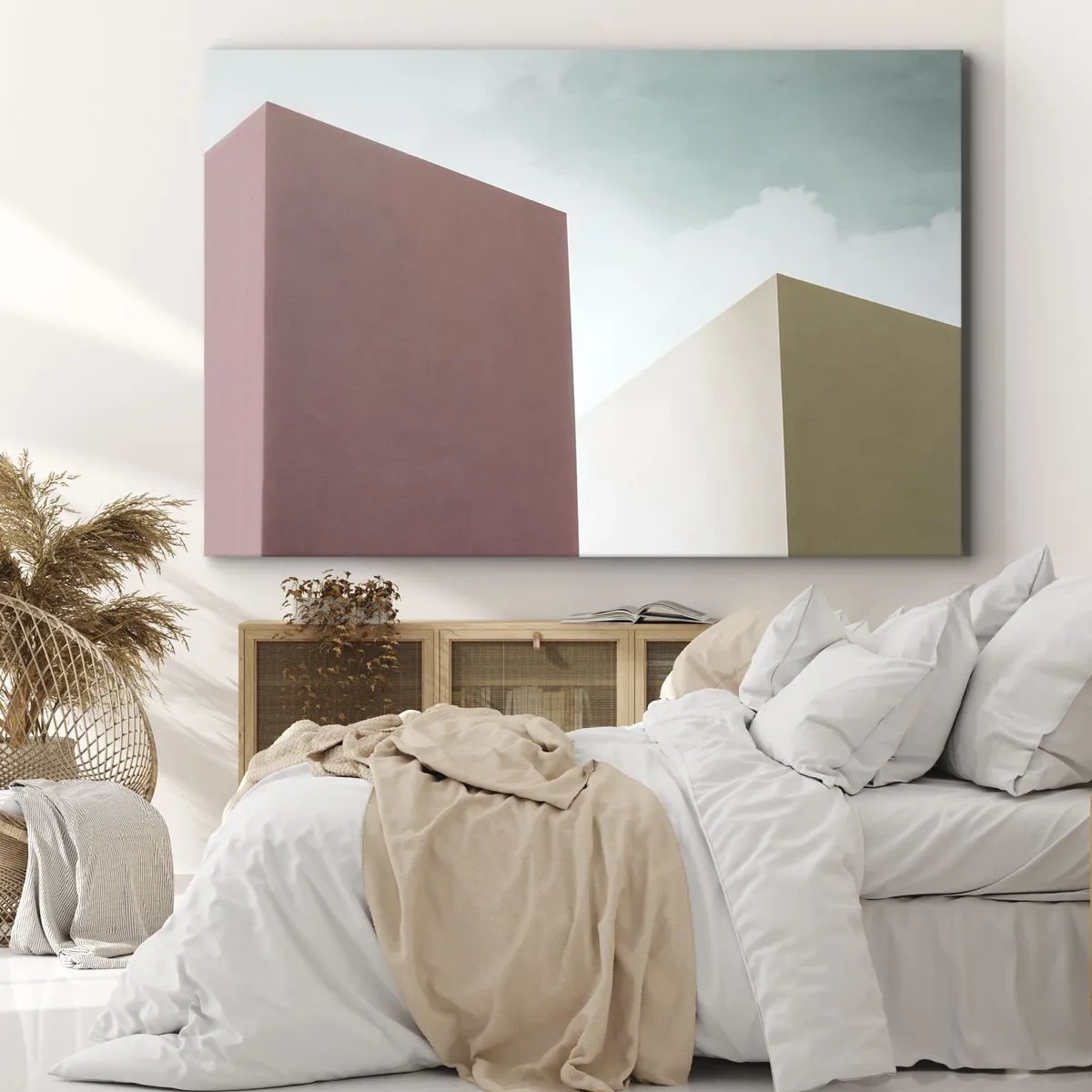 Bild auf Leinwand - Leinwandbild - Minimalistische Architektur mit pastellfarbenen Blöcken und Himmel - 70x50cm - Geometrie des sonnigen Sommers - Moderne Wanddekoration für Wohnzimmer und Schlafzimmer ARTTOR