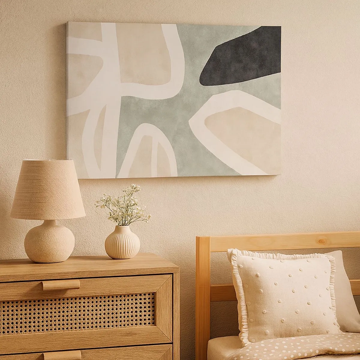 Bild auf Leinwand - Leinwandbild - Abstrakte Formen in gedämpften Farben - 70x50cm - Komposition mit schwarzem Motiv - Moderne Wanddekoration für Wohnzimmer und Schlafzimmer ARTTOR