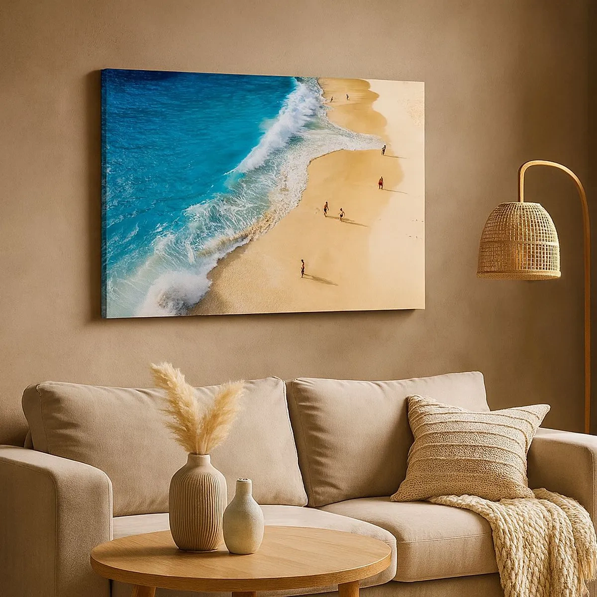 Bild auf Leinwand - Leinwandbild - Ein Strand mit türkisfarbenem Wasser und herumlaufenden Menschen - 70x50cm - Und dann die Sonne, der Strand… - Moderne Wanddekoration für Wohnzimmer und Schlafzimmer ARTTOR