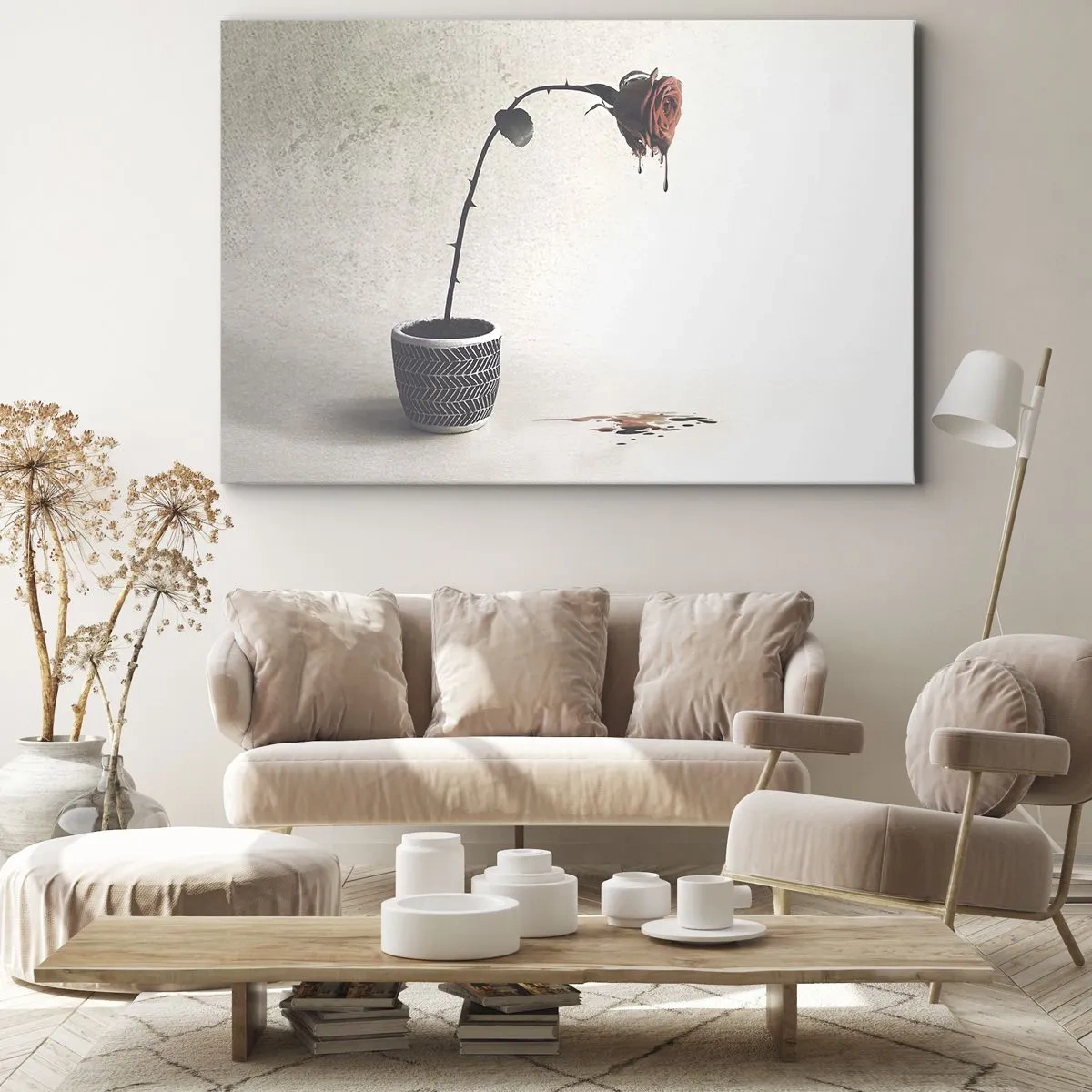 Bild auf Leinwand - Leinwandbild - Eine rote Rose in einem Topf mit Farbtropfen auf weißem Hintergrund - 70x50cm - Rosa dolorosa - Moderne Wanddekoration für Wohnzimmer und Schlafzimmer ARTTOR