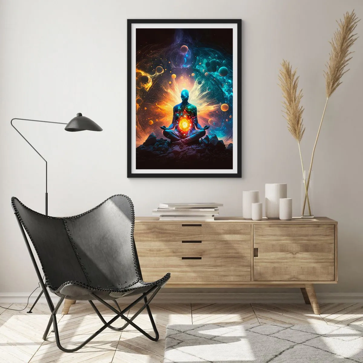 Poster in einem schwarzem Rahmen - Eine meditierende Figur in einer kosmischen Aura voller Energie - 50x70cm - Kosmischer Frieden - Moderne Wanddekoration für Wohnzimmer und Schlafzimmer ARTTOR