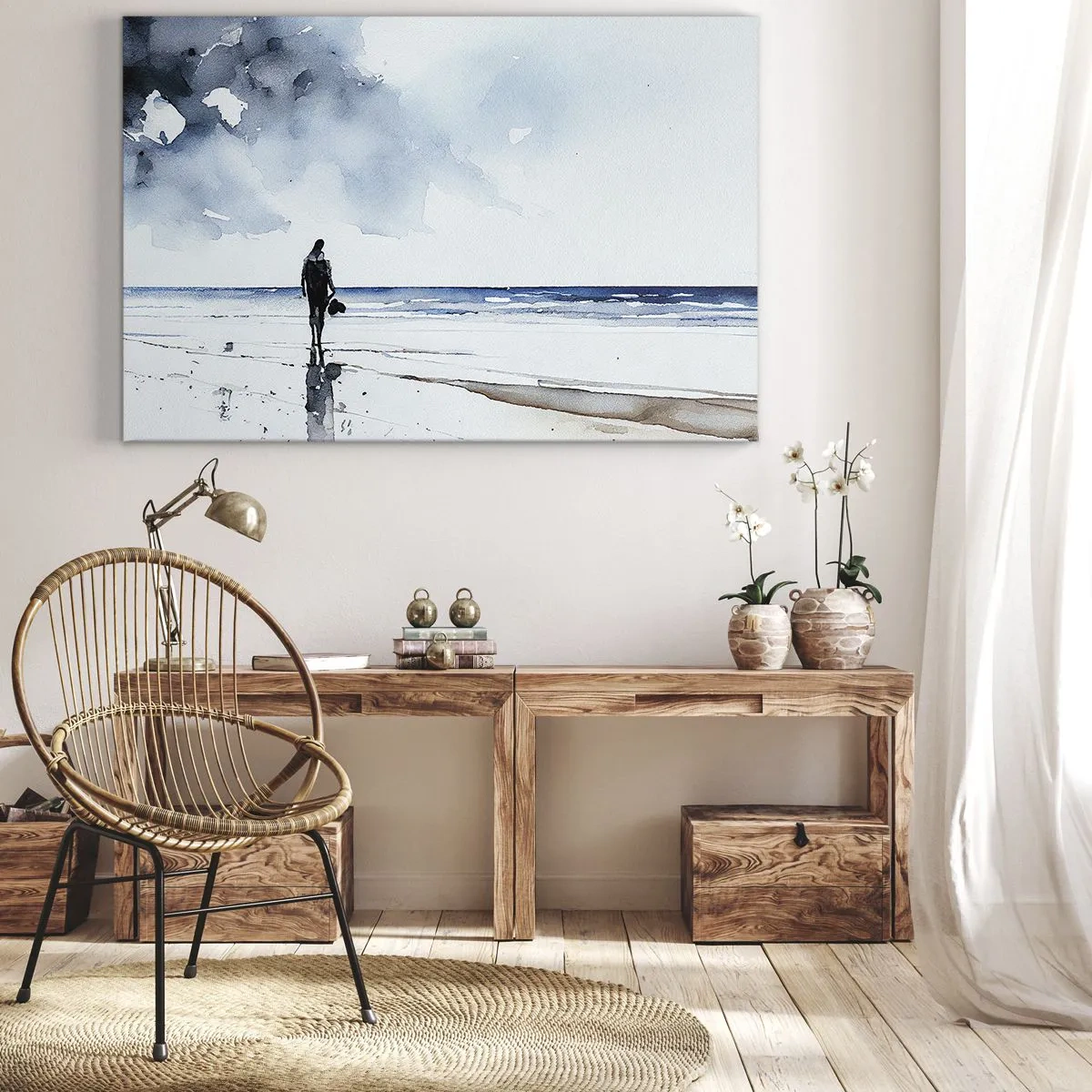Bild auf Leinwand - Leinwandbild - Eine Figur an einem Strand in einer ruhigen Meeresumgebung - 70x50cm - Gespräch mit dem Meer - Moderne Wanddekoration für Wohnzimmer und Schlafzimmer ARTTOR