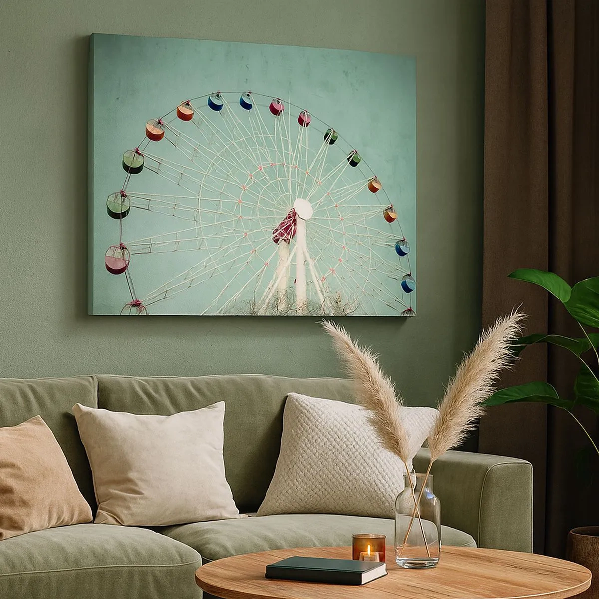 Bild auf Leinwand - Leinwandbild - Ein buntes Riesenrad vor blauem Himmel im Retro-Stil - 70x50cm - Wir laden zum Spiel ein - Moderne Wanddekoration für Wohnzimmer und Schlafzimmer ARTTOR