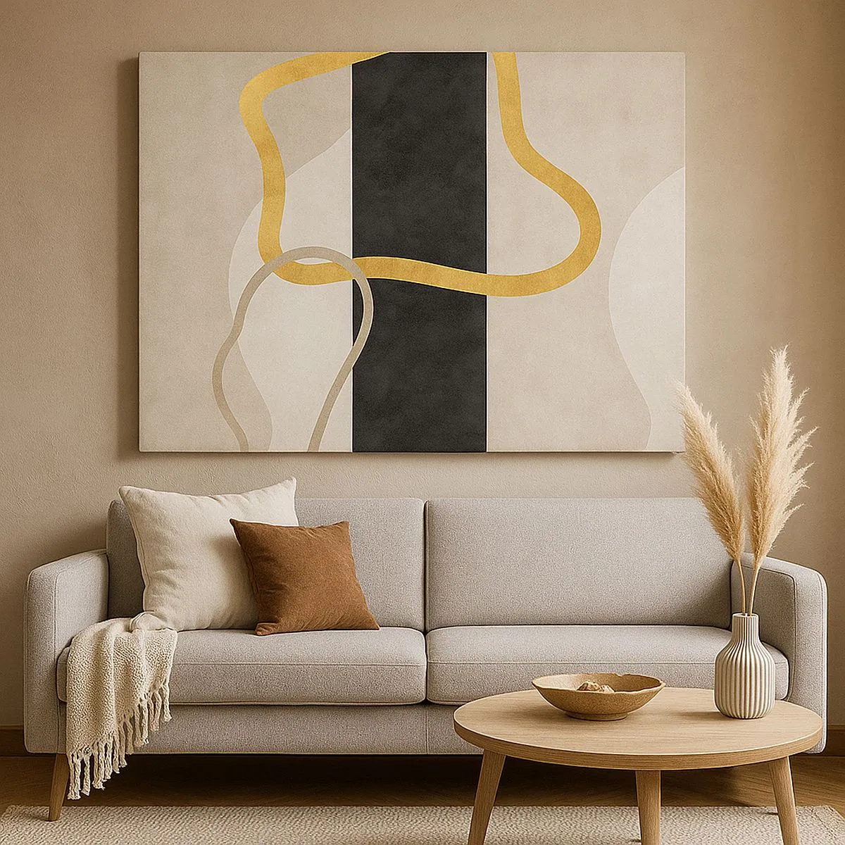 Bild auf Leinwand - Leinwandbild - Ein minimalistisches Design mit geschwungenen Formen in Gold und Schwarz. - 70x50cm - Schleifenformen - Moderne Wanddekoration für Wohnzimmer und Schlafzimmer ARTTOR