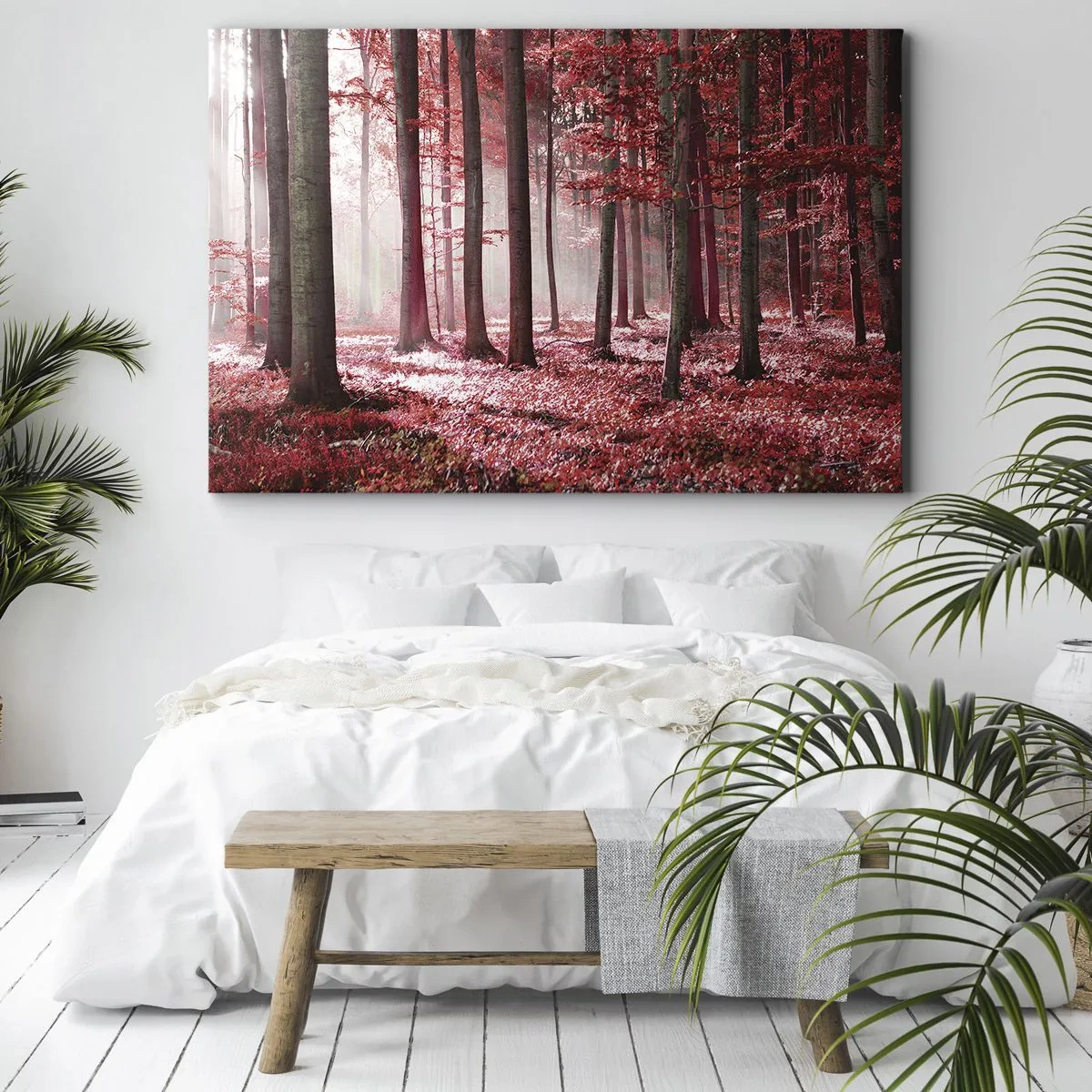 Bild auf Leinwand - Leinwandbild - Ein atemberaubender Wald in roten Farbtönen mit Lichtstrahlen, die durch die Bäume dringen - 70x50cm - Rot ist genauso schön - Moderne Wanddekoration für Wohnzimmer und Schlafzimmer ARTTOR