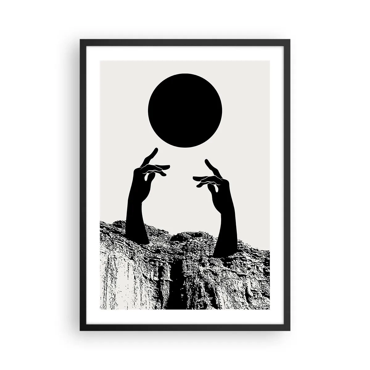 Poster in einem schwarzem Rahmen - Symbolische Hände greifen nach einem schwarzen Ball vor einem Hintergrund aus Felsen - 50x70cm - Surrealistische Komposition: die Sonne und der Rest - Moderne Wanddekoration für Wohnzimmer und Schlafzimmer ARTTOR