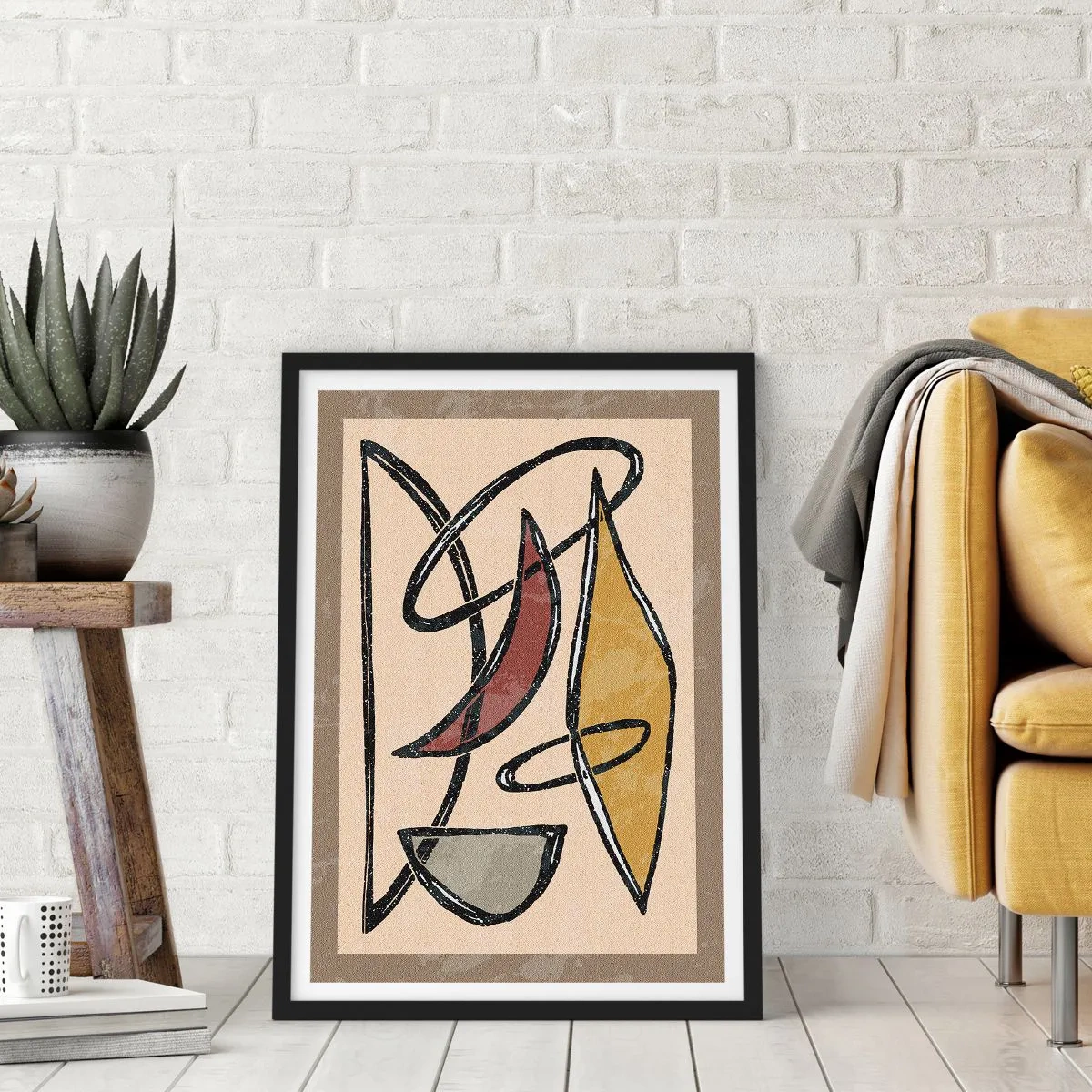 Poster in einem schwarzem Rahmen - Abstrakte geometrische Komposition in Beige- und Schwarztönen - 50x70cm - Komposition – Bögen und Ovale - Moderne Wanddekoration für Wohnzimmer und Schlafzimmer ARTTOR