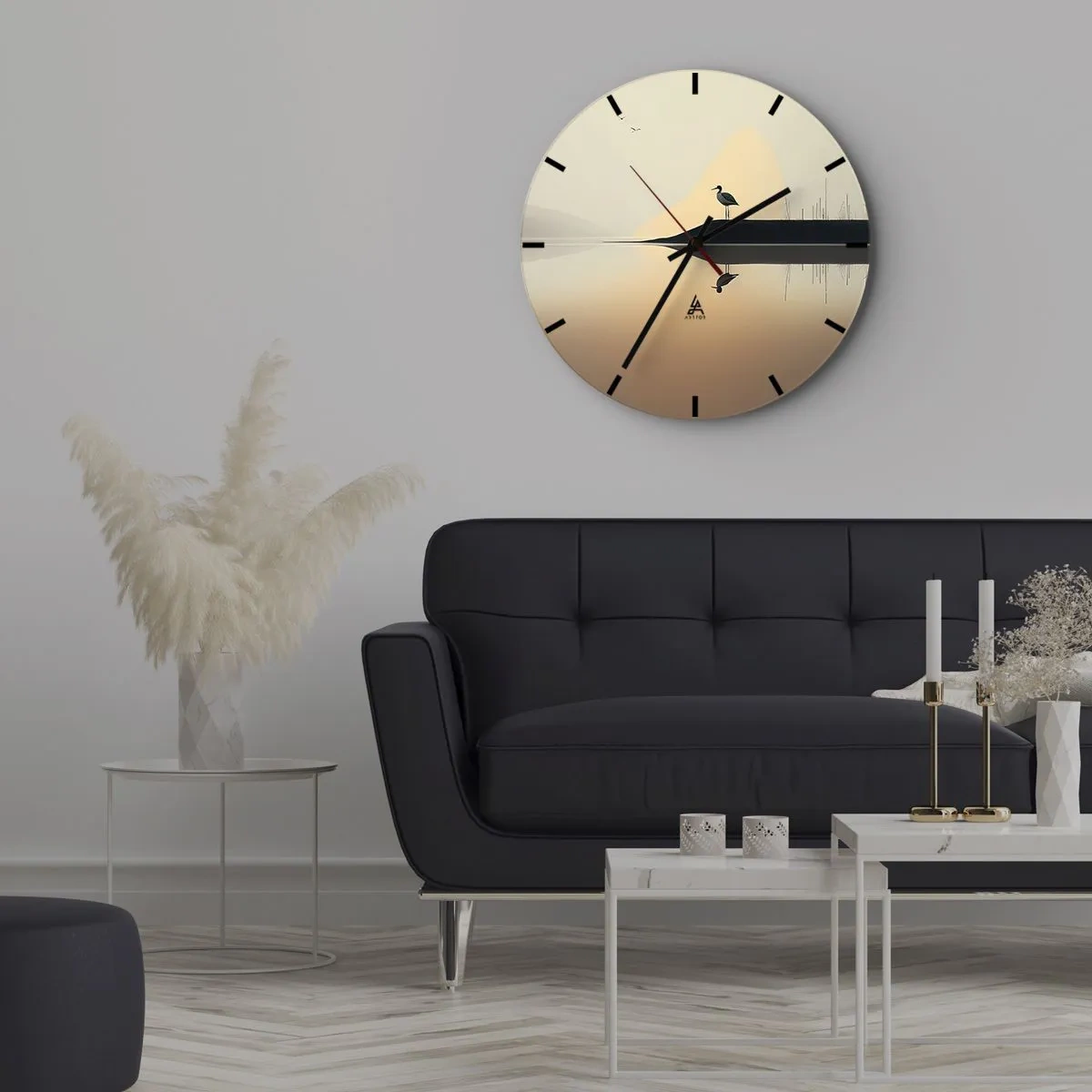 Wanduhr - Glasuhr - Silhouette eines Vogels auf einem Felsen über einem ruhigen See im Morgengrauen - 30x30cm - Herr am See - Moderne Wanddekoration für Wohnzimmer, Küche und Schlafzimmer ARTTOR