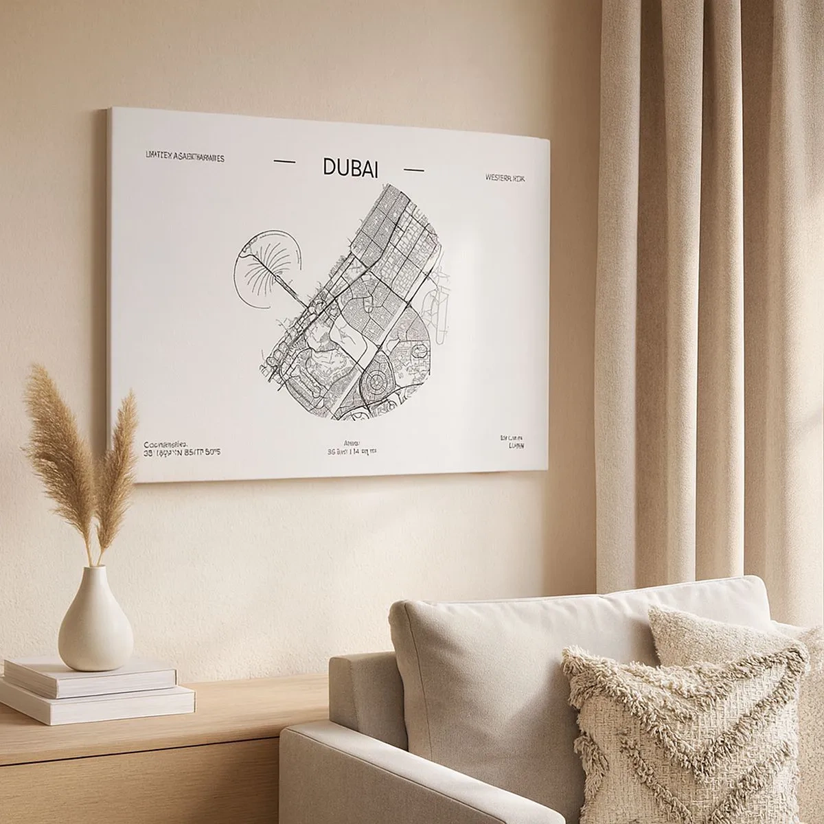 Bild auf Leinwand - Leinwandbild - Eine minimalistische Schwarzweißkarte von Dubai mit Standortmarkierungen. - 70x50cm - Anatomie von Dubai - Moderne Wanddekoration für Wohnzimmer und Schlafzimmer ARTTOR