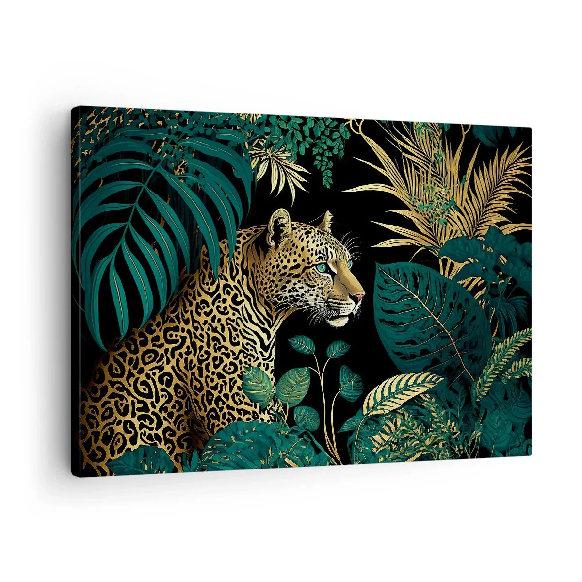 Bild auf Leinwand - Leinwandbild - Leopard in tropischen Blättern auf schwarzem Hintergrund - 70x50cm - Gastgeber im Dschungel - Moderne Wanddekoration für Wohnzimmer und Schlafzimmer ARTTOR