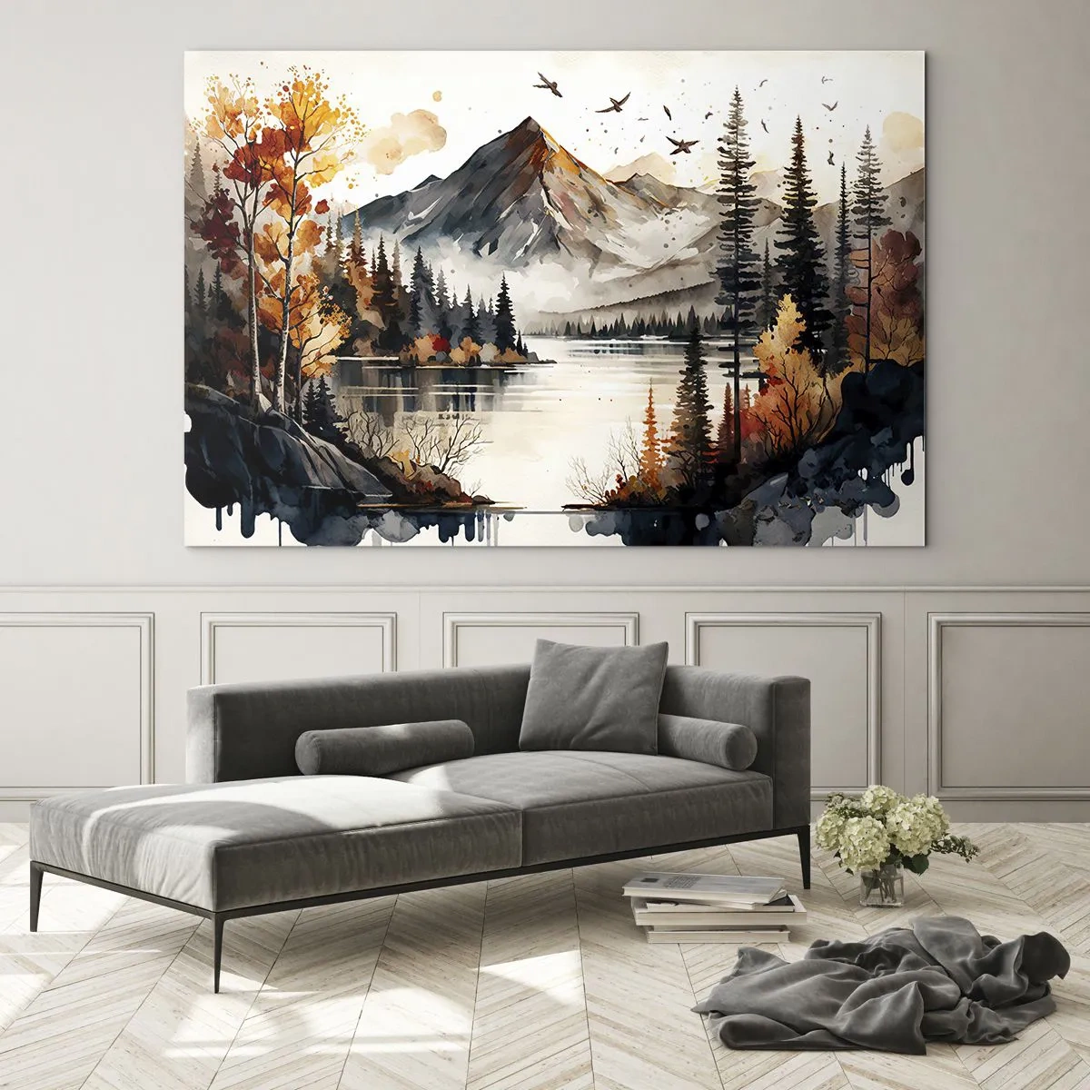 Glasbild - Bild auf glas - Herbstliche Berglandschaft mit See und Wald - 70x50cm - Goldener Herbst in den Bergen - Moderne Wanddekoration für Wohnzimmer und Schlafzimmer ARTTOR