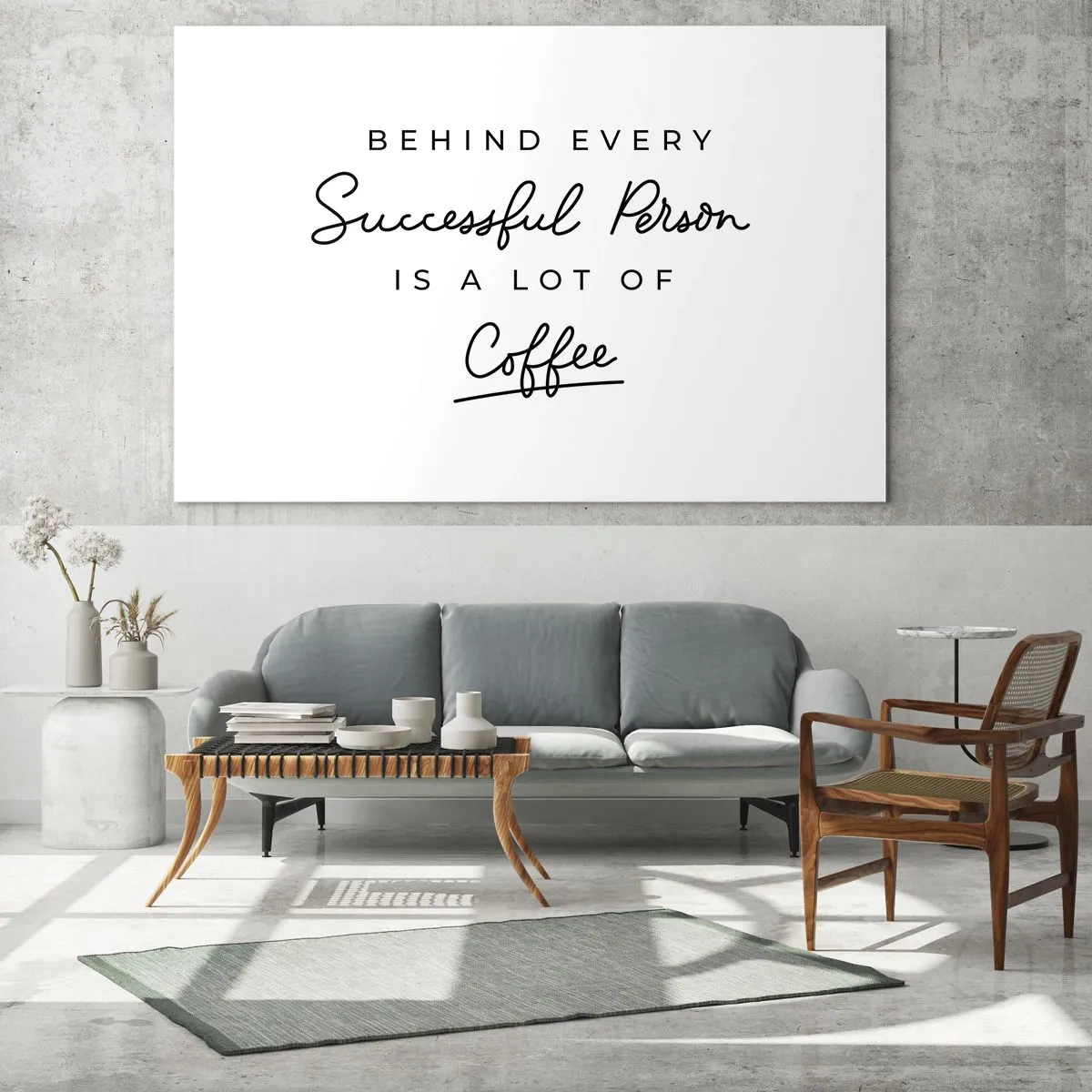 Glasbild - Bild auf glas - Ein motivierendes Zitat über Erfolg und Kaffee im minimalistischen Stil. - 70x50cm - Erfolgsgeheimnis - Moderne Wanddekoration für Wohnzimmer und Schlafzimmer ARTTOR