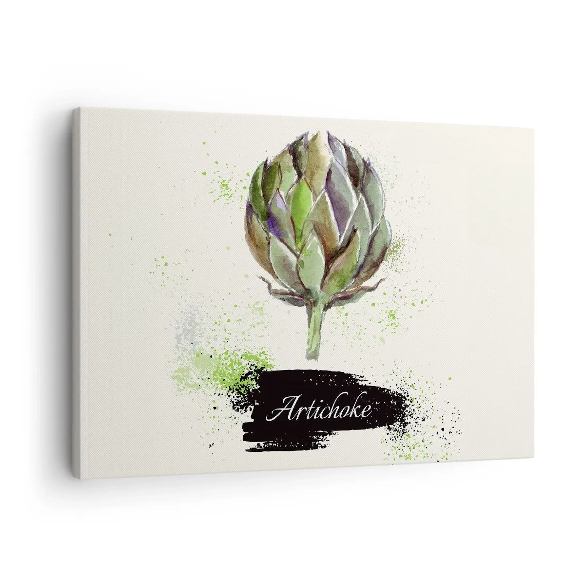 Bild auf Leinwand - Leinwandbild - Aquarell Artischocke mit Text auf hellem Hintergrund mit grünen Akzenten - 70x50cm - Eviva-Gemüse! - Moderne Wanddekoration für Wohnzimmer und Schlafzimmer ARTTOR