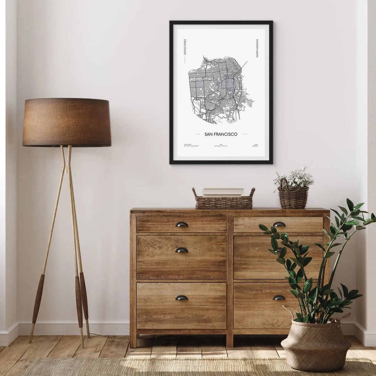 Poster in einem schwarzem Rahmen - Eine minimalistische Karte von San Francisco in Schwarzweiß. - 50x70cm - Anatomie von San Francisco - Moderne Wanddekoration für Wohnzimmer und Schlafzimmer ARTTOR