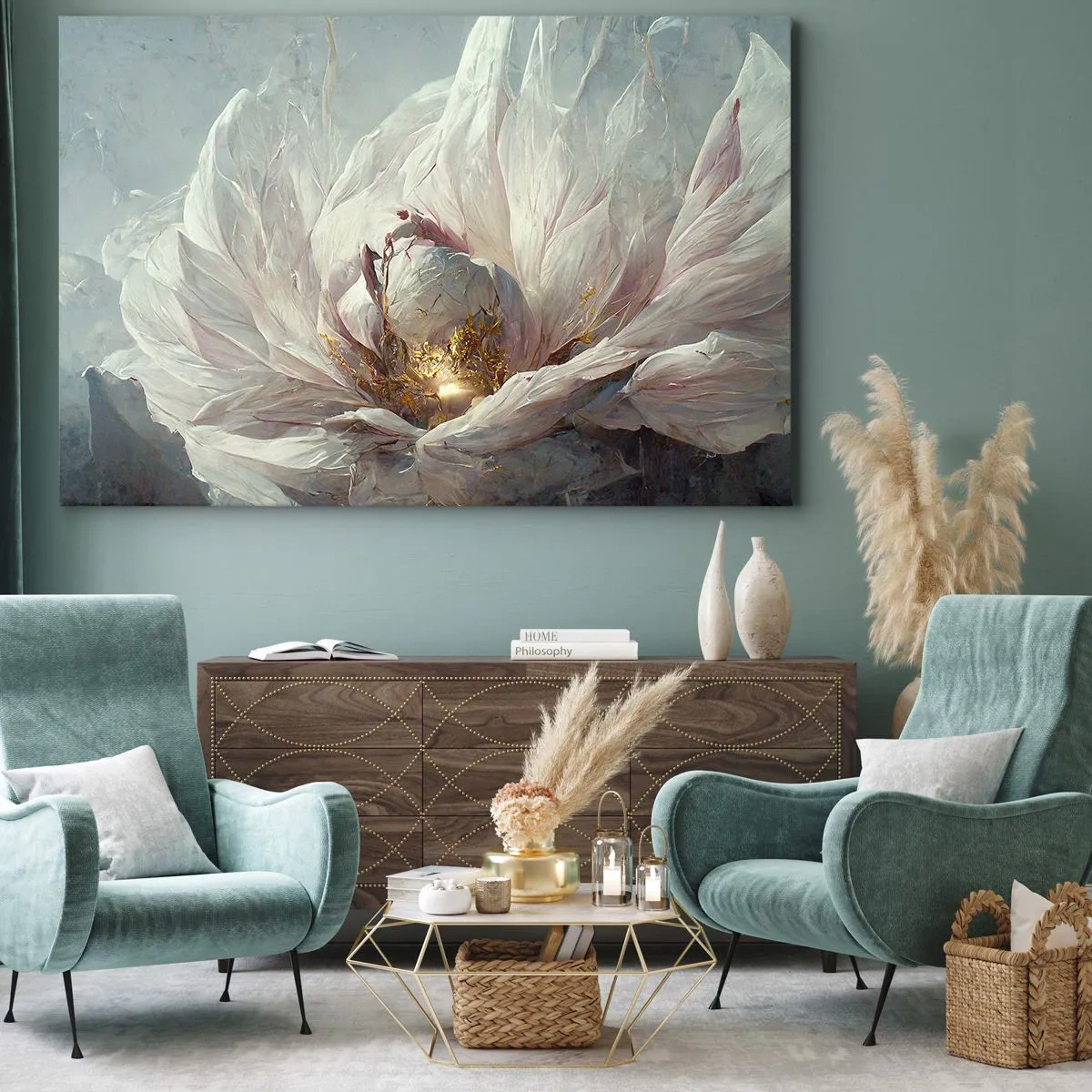 Bild auf Leinwand - Leinwandbild - Eine zarte weiße Blume mit subtilen goldenen Akzenten - 70x50cm - Sie blüht alle hundert Jahre einmal - Moderne Wanddekoration für Wohnzimmer und Schlafzimmer ARTTOR