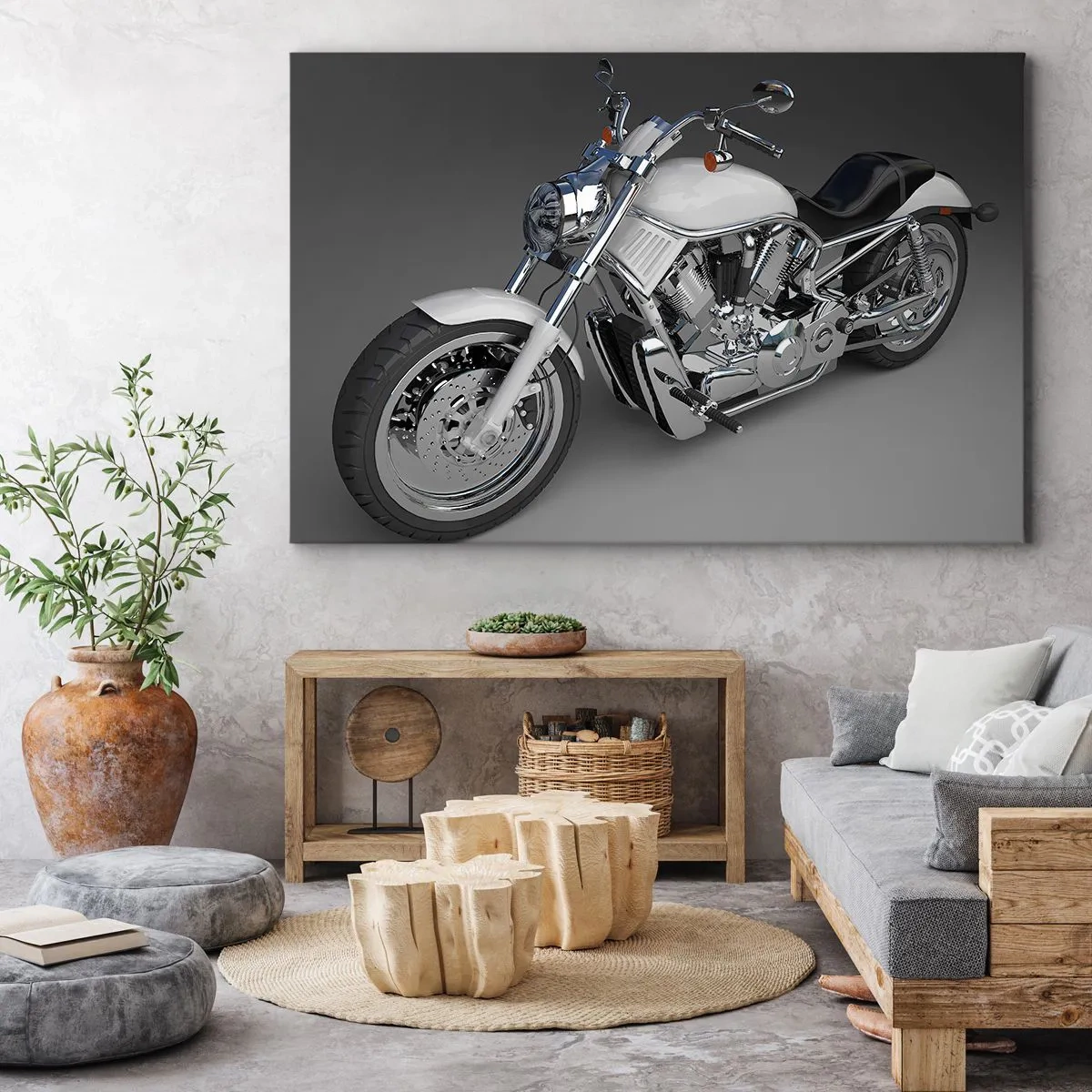 Bild auf Leinwand - Leinwandbild - Weißes Cruiser-Motorrad auf grauem Hintergrund - 70x50cm - So dass man hinknien möchte - Moderne Wanddekoration für Wohnzimmer und Schlafzimmer ARTTOR