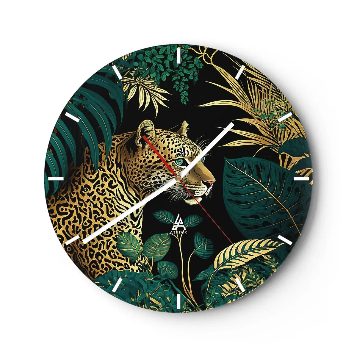 Wanduhr - Glasuhr - Leopard zwischen tropischen Blättern auf schwarzem Hintergrund - 30x30cm - Gastgeber im Dschungel - Moderne Wanddekoration für Wohnzimmer, Küche und Schlafzimmer ARTTOR