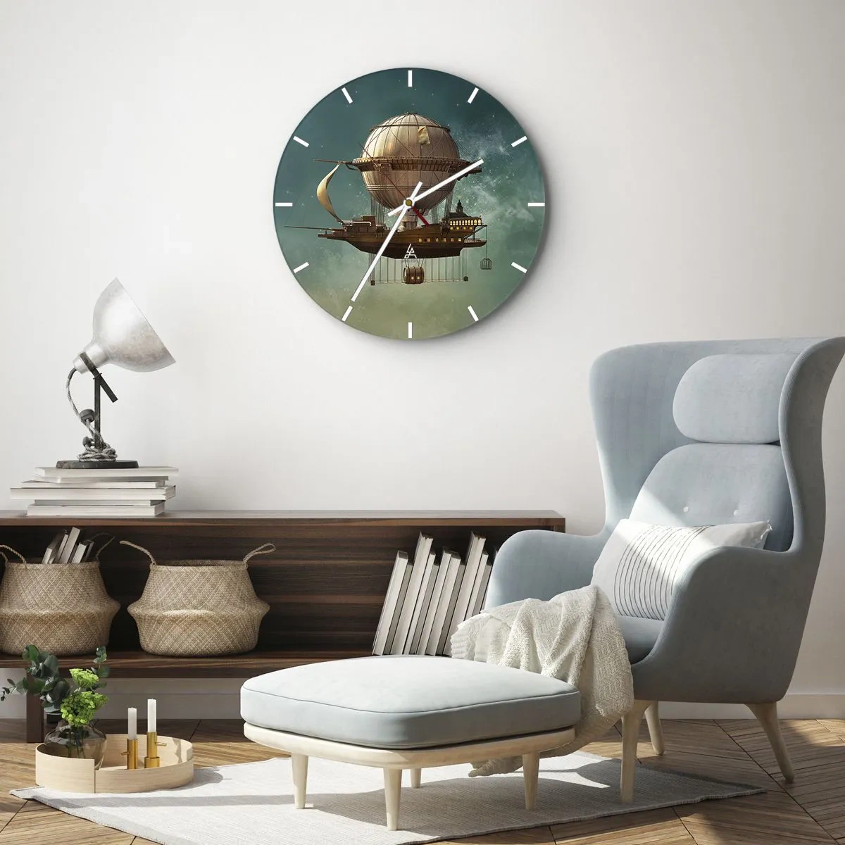 Wanduhr - Glasuhr - Ein fantastisches Retro-Luftschiff, das in den Wolken schwebt - 30x30cm - Jules Verne sagt Hallo - Moderne Wanddekoration für Wohnzimmer, Küche und Schlafzimmer ARTTOR