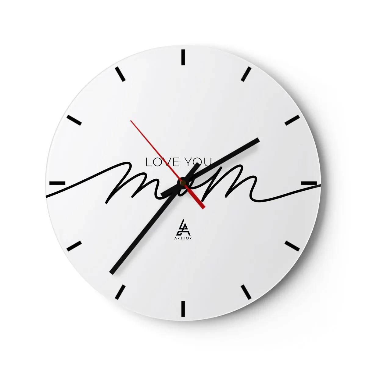 Wanduhr - Glasuhr - Die Aufschrift Love You Mom auf weißem Hintergrund in elegantem Stil - 30x30cm - Große Emotionen - Moderne Wanddekoration für Wohnzimmer, Küche und Schlafzimmer ARTTOR