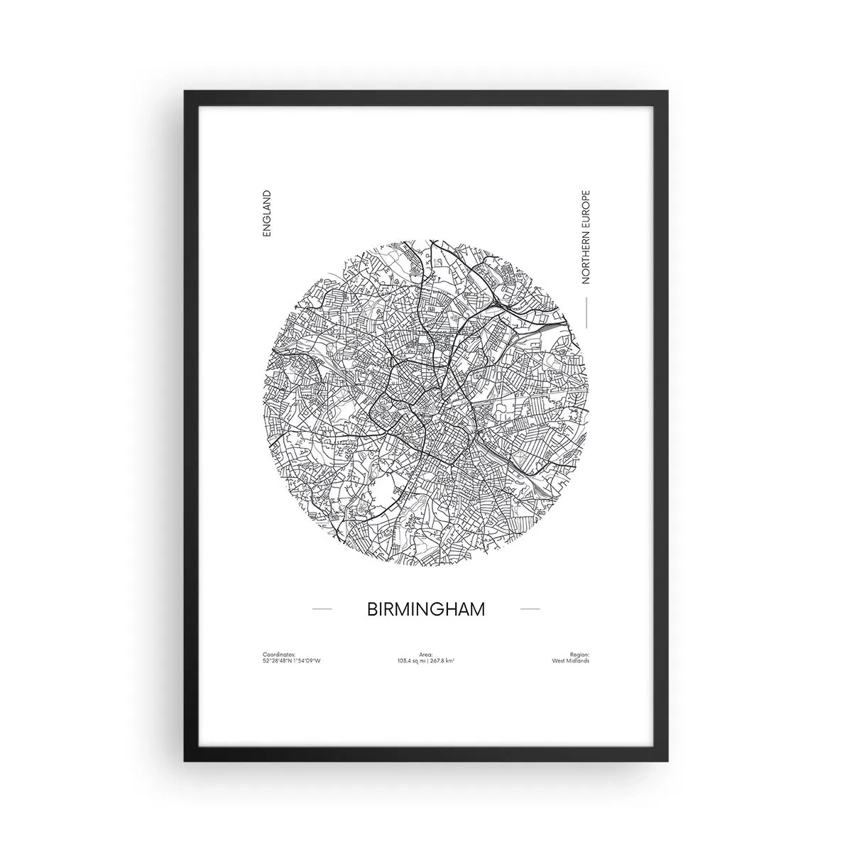 Poster in einem schwarzem Rahmen - Eine minimalistische Schwarz-Weiß-Karte von Birmingham - 50x70cm - Anatomie von Birmingham - Moderne Wanddekoration für Wohnzimmer und Schlafzimmer ARTTOR