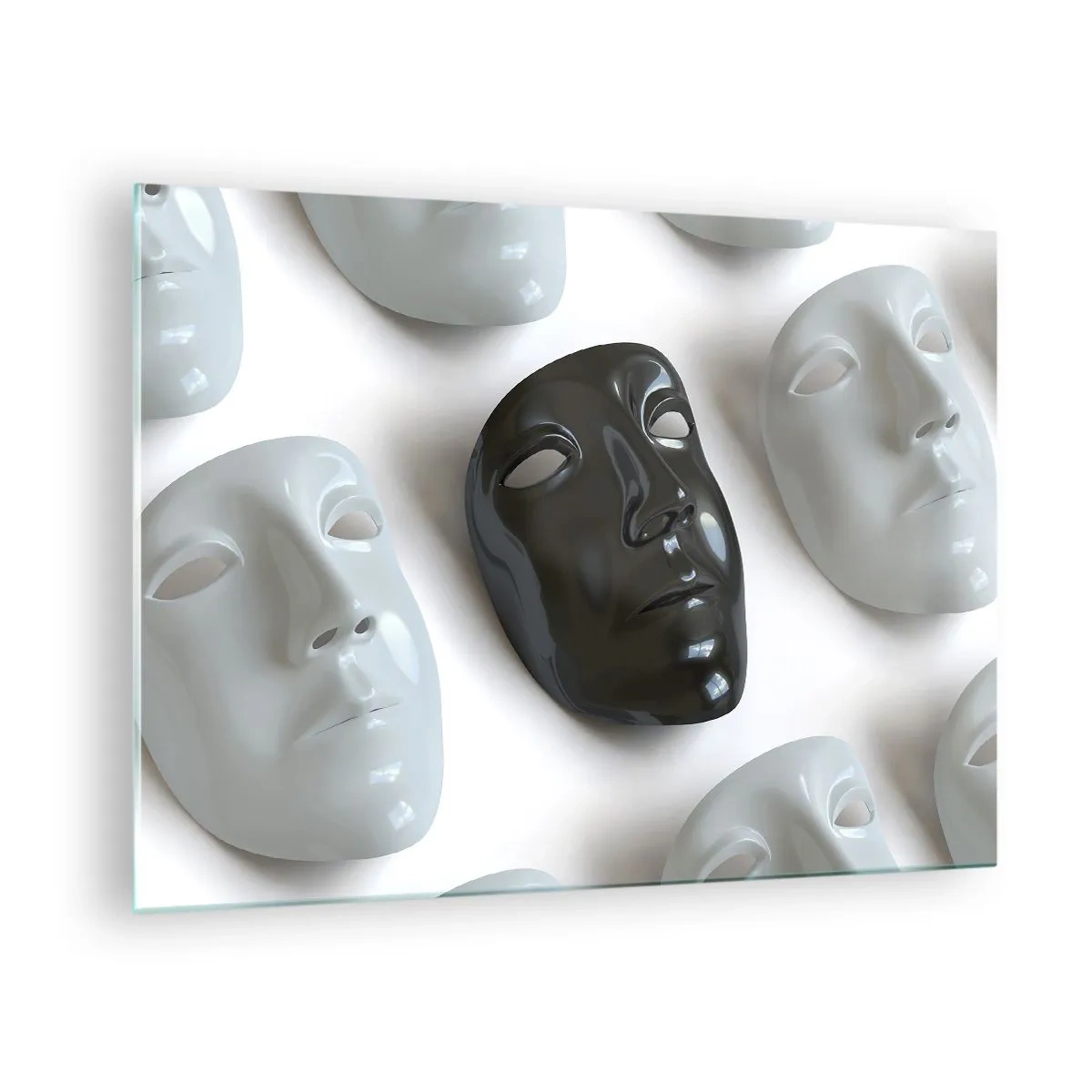 Glasbild - Bild auf glas - Eine schwarz-weiße Maske vor einem Hintergrund aus weißen Masken auf hellem Hintergrund - 70x50cm - Wie hebt man sich ab? - Moderne Wanddekoration für Wohnzimmer und Schlafzimmer ARTTOR