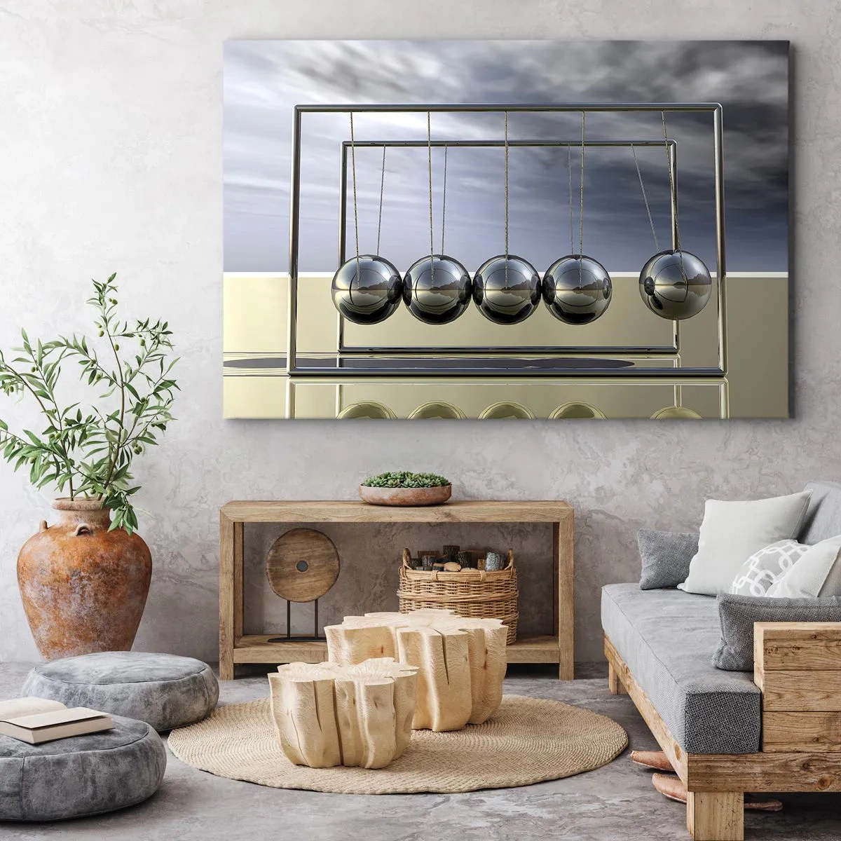 Bild auf Leinwand - Leinwandbild - Newtons Kugeln in minimalistischem Ambiente mit Lichtreflexen - 70x50cm - Die Energie der Welt - Moderne Wanddekoration für Wohnzimmer und Schlafzimmer ARTTOR