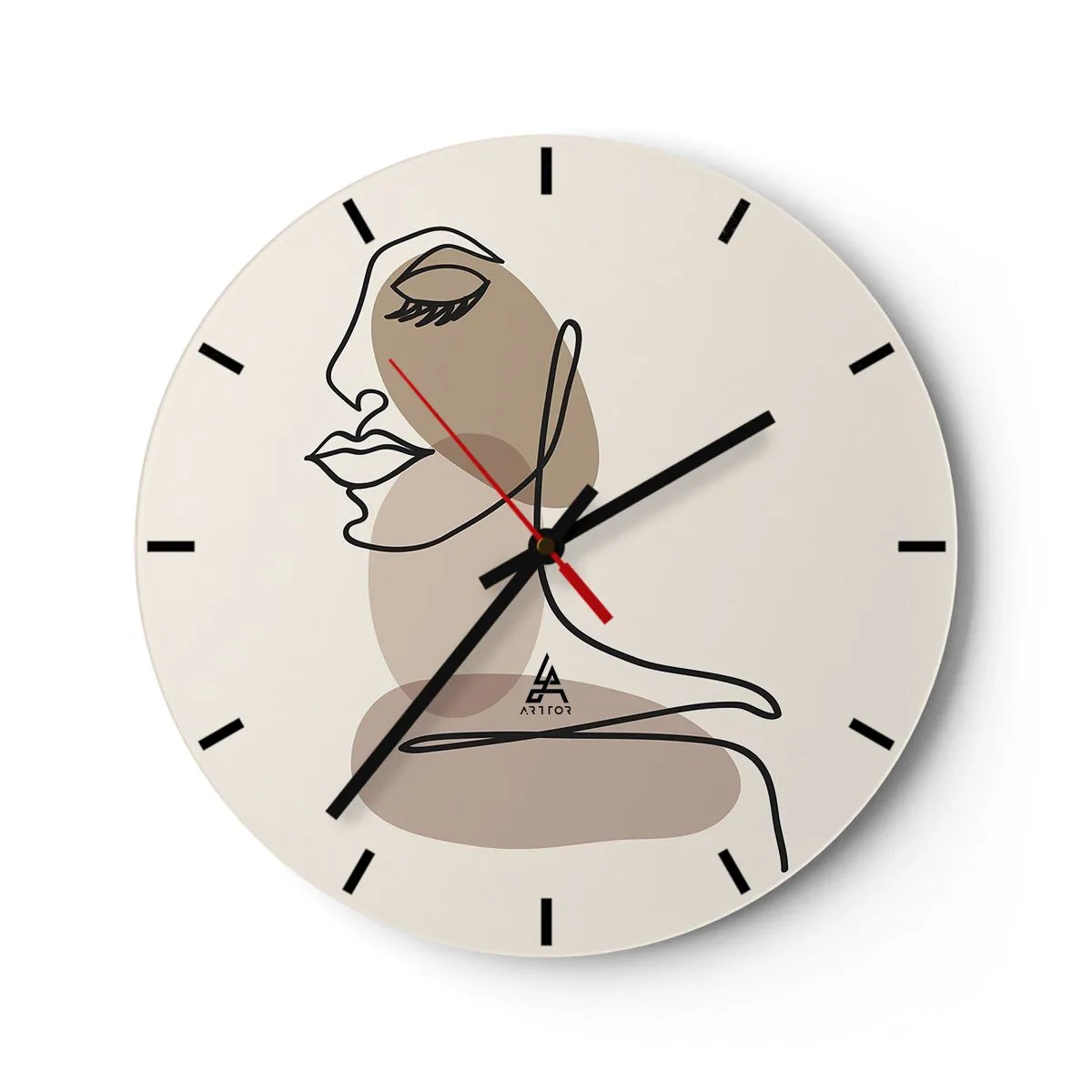 Wanduhr - Glasuhr - Ein minimalistisches Frauenporträt im Line-Art-Stil mit beigen Punkten. - 30x30cm - Eine gewisse Linie der Schönheit - Moderne Wanddekoration für Wohnzimmer, Küche und Schlafzimmer ARTTOR