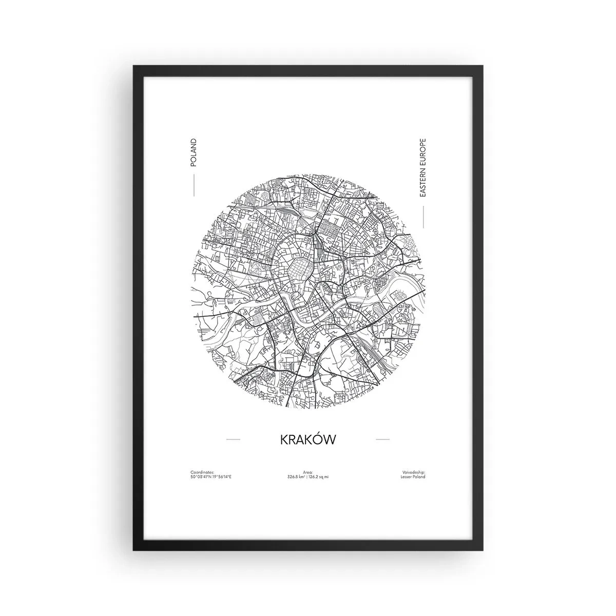Poster in einem schwarzem Rahmen - Eine minimalistische Karte von Krakau in einem Kreis - 50x70cm - Anatomie von Krakau - Moderne Wanddekoration für Wohnzimmer und Schlafzimmer ARTTOR