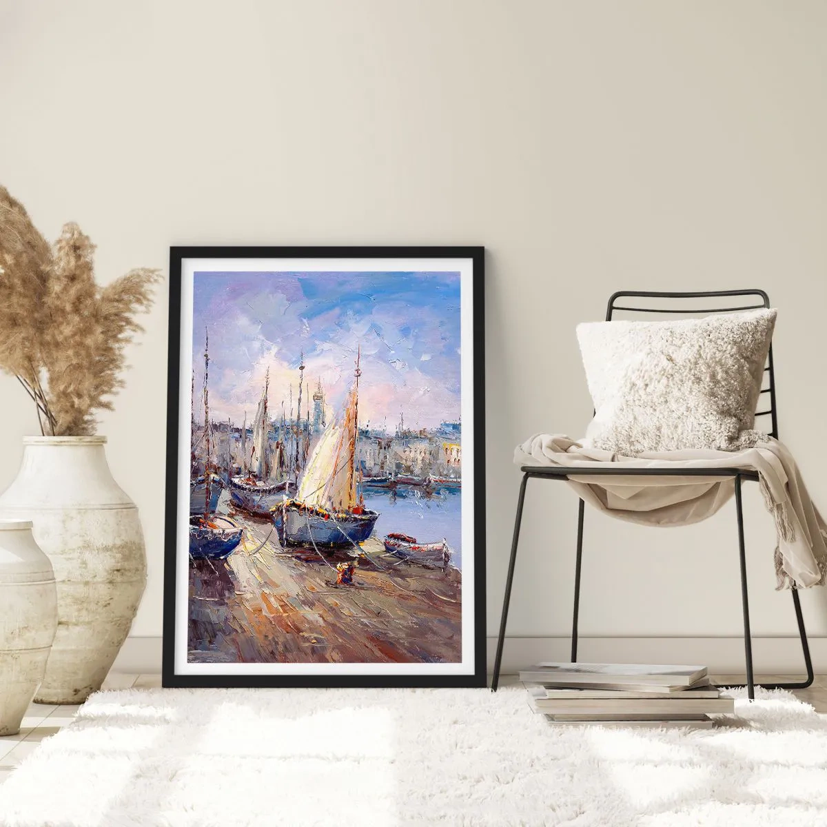 Poster in einem schwarzem Rahmen - Segelboote in einem malerischen Hafen, beleuchtet von den Sonnenstrahlen - 50x70cm - Stadt an der Bucht - Moderne Wanddekoration für Wohnzimmer und Schlafzimmer ARTTOR