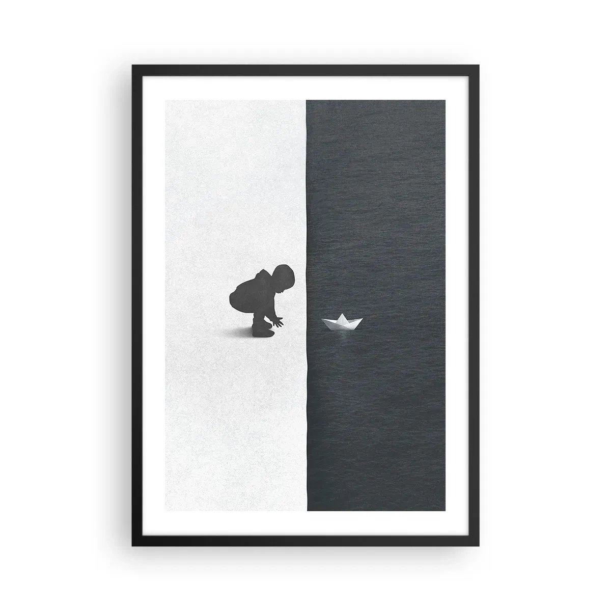 Poster in einem schwarzem Rahmen - Ein Kind lehnt sich mit einem Papierboot über das Wasser - 50x70cm - Tolle Expedition - Moderne Wanddekoration für Wohnzimmer und Schlafzimmer ARTTOR