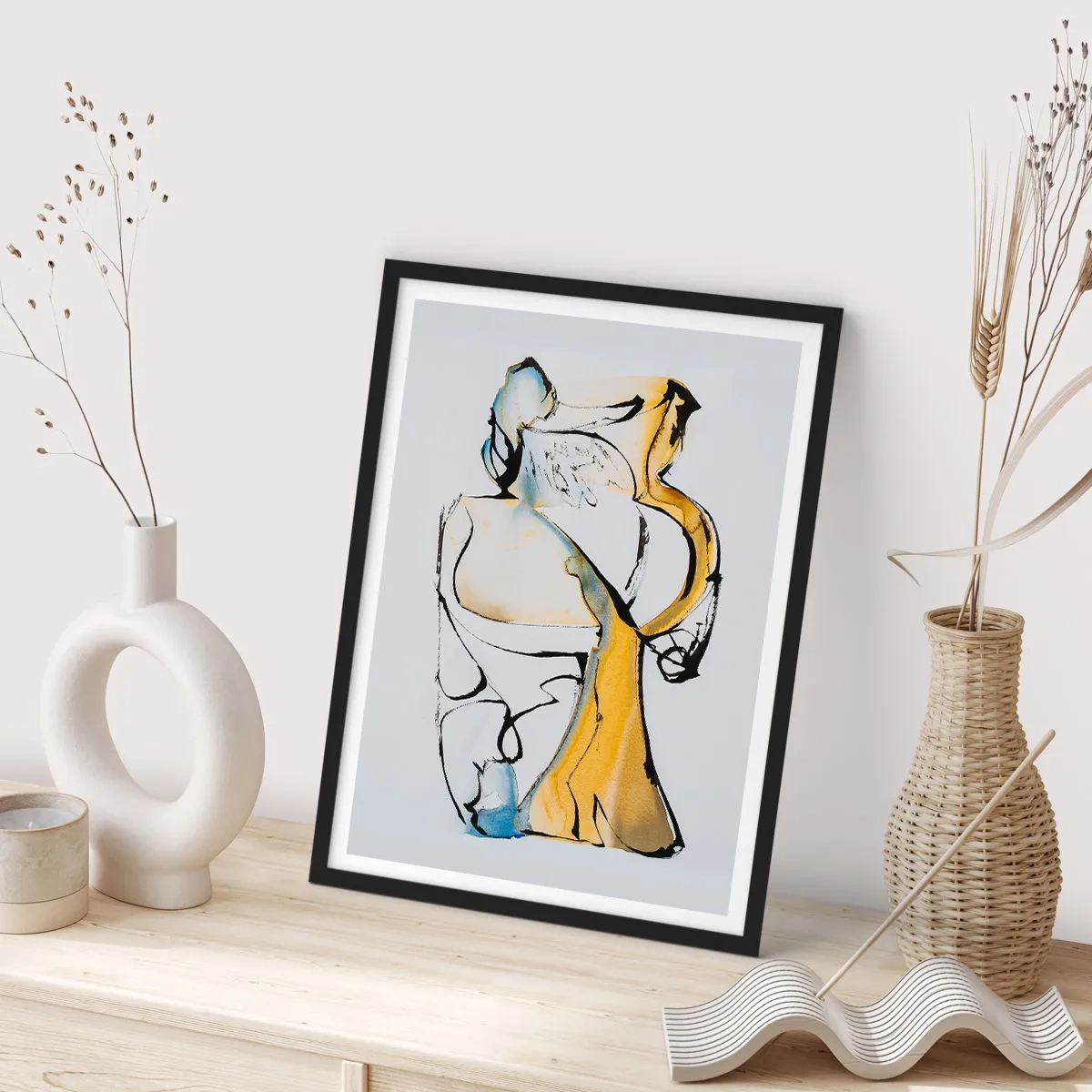 Poster in einem schwarzem Rahmen - Eine abstrakte Figur in Schwarz, Gelb und Blau, die Bewegung und Emotionen ausdrückt. - 50x70cm - Abstraktion aus Glas - Moderne Wanddekoration für Wohnzimmer und Schlafzimmer ARTTOR