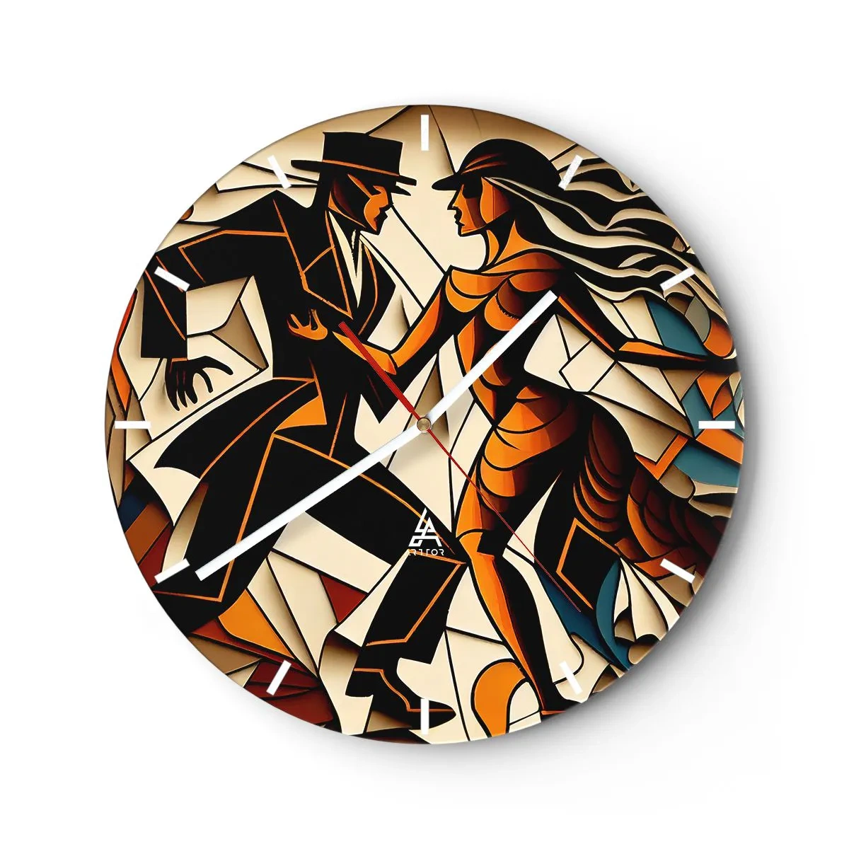 Wanduhr - Glasuhr - Ein tanzendes Paar im Art-Deco-Stil mit warmen Tönen - 30x30cm - Tanz der Passion und Leidenschaft - Moderne Wanddekoration für Wohnzimmer, Küche und Schlafzimmer ARTTOR