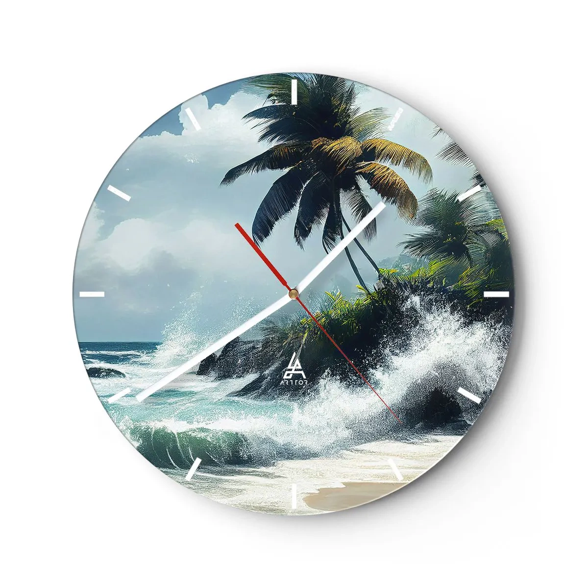 Wanduhr - Glasuhr - Tropischer Strand mit Palmen und tosenden Meereswellen - 30x30cm - Am tropischen Ufer - Moderne Wanddekoration für Wohnzimmer, Küche und Schlafzimmer ARTTOR