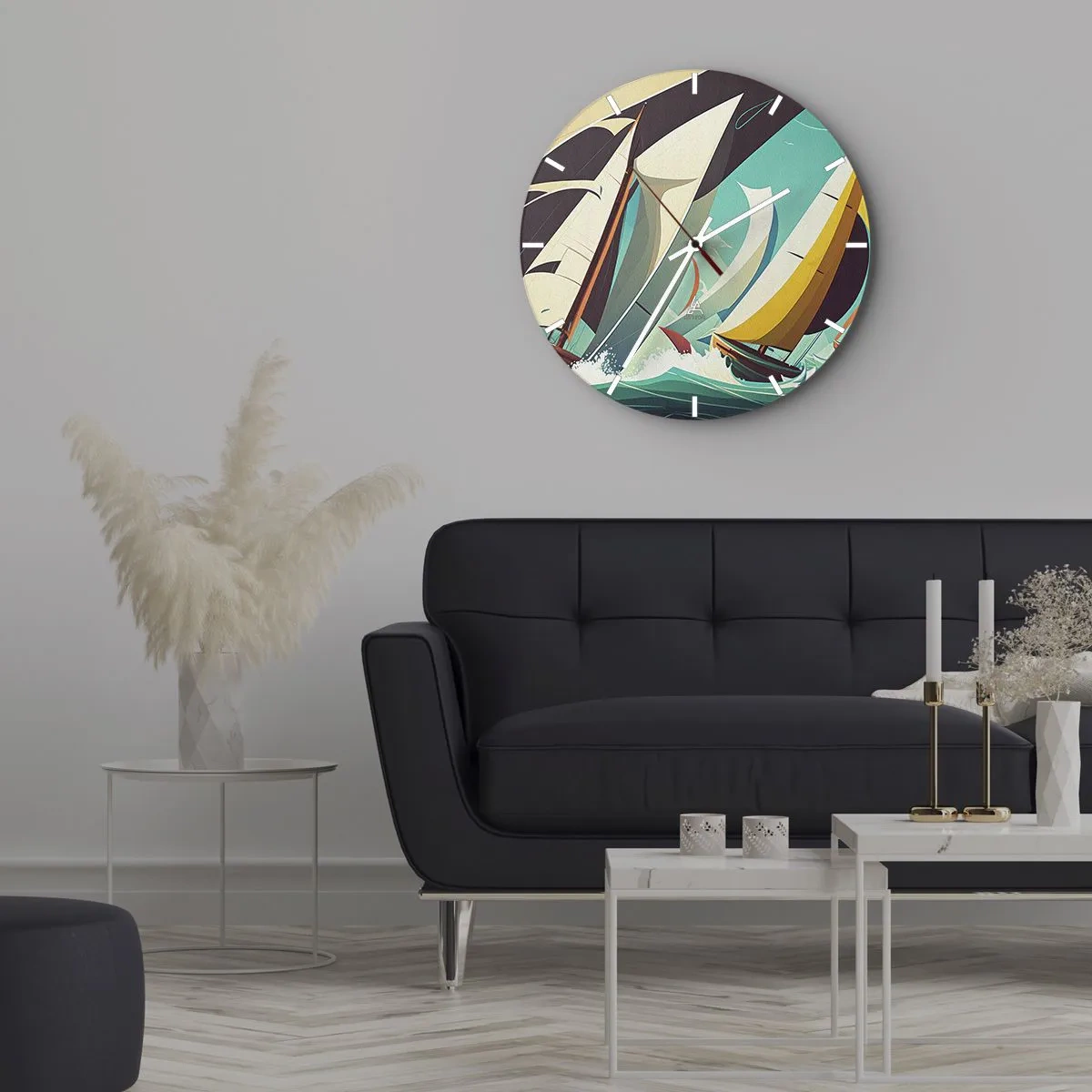 Wanduhr - Glasuhr - Segelboote im grafischen Stil auf einem stürmischen türkisfarbenen Meer - 30x30cm - Viel Glück mit den Elementen - Moderne Wanddekoration für Wohnzimmer, Küche und Schlafzimmer ARTTOR