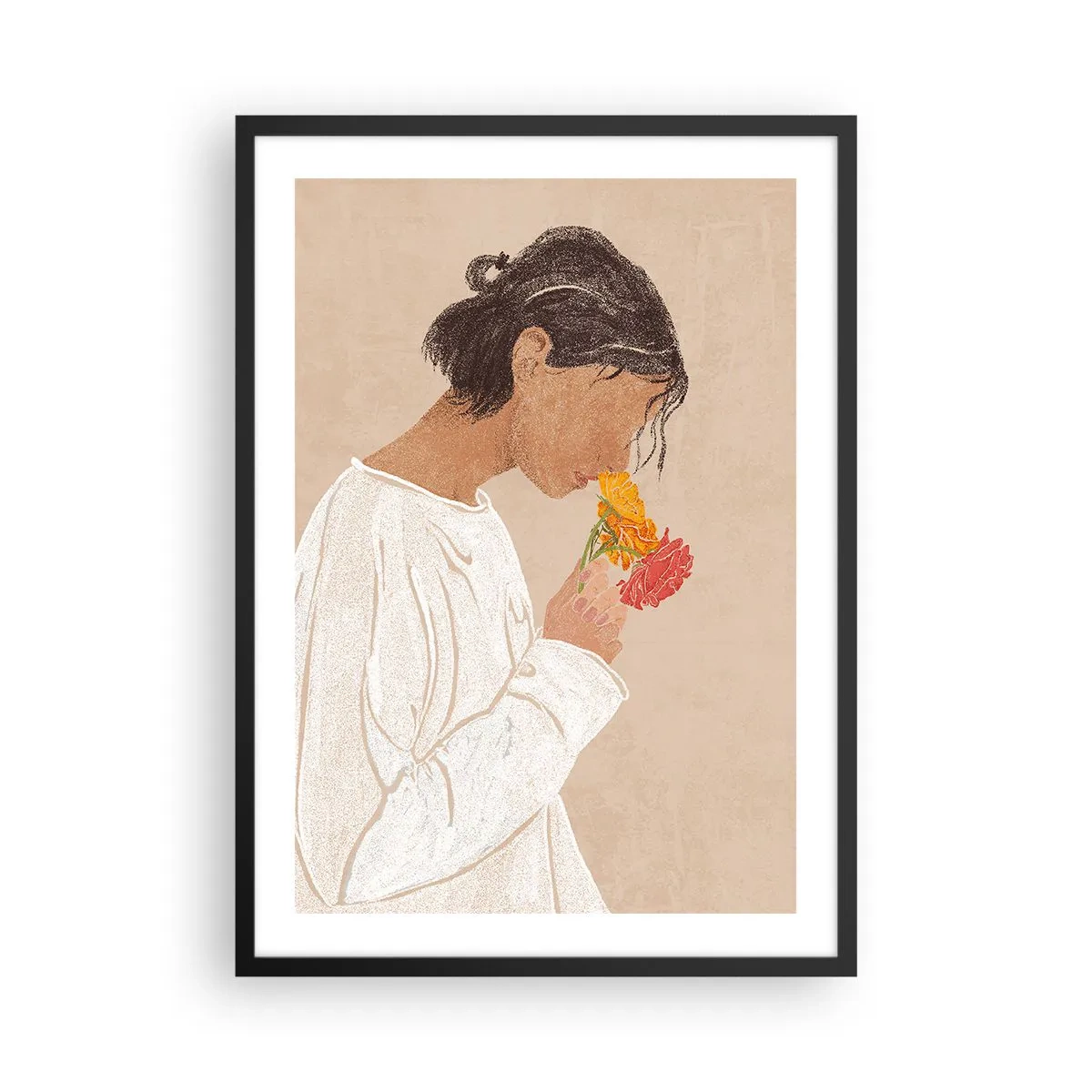 Poster in einem schwarzem Rahmen - Eine Frau in Weiß, die über Blumen nachdenkt - 50x70cm - Mädchen und Blumen - Moderne Wanddekoration für Wohnzimmer und Schlafzimmer ARTTOR