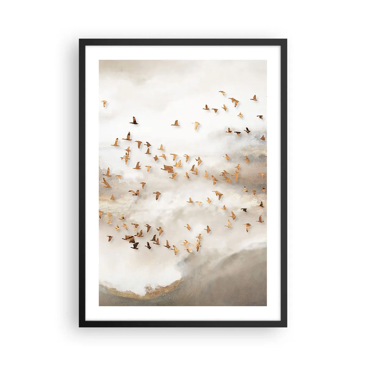 Poster in einem schwarzem Rahmen - Ein Vogelschwarm schwebt zwischen den nebligen Wolken - 50x70cm - Es ist schon die Zeit… - Moderne Wanddekoration für Wohnzimmer und Schlafzimmer ARTTOR