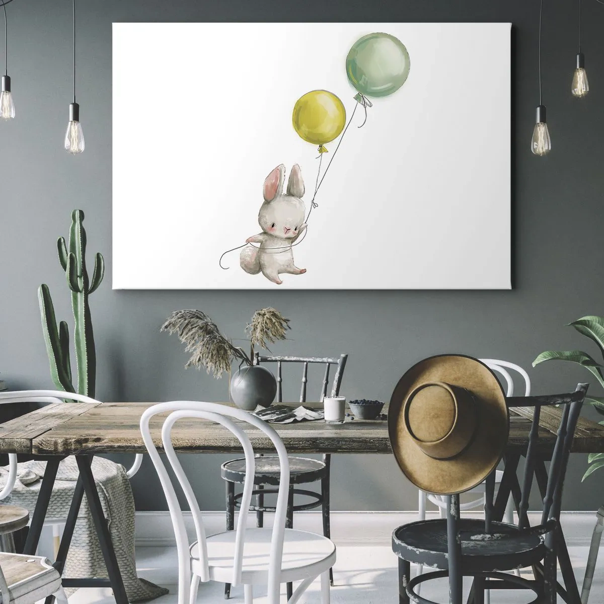 Bild auf Leinwand - Leinwandbild - Ein Kaninchen hält pastellfarbene Luftballons - 70x50cm - Ich werde auch fliegen! - Moderne Wanddekoration für Wohnzimmer und Schlafzimmer ARTTOR