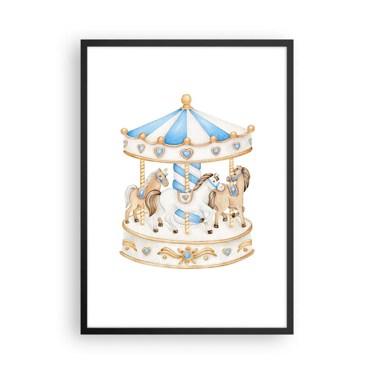 Poster in einem schwarzem Rahmen - Aquarellkarussell in Pastelltönen von Blau und Gold - 50x70cm - Süße Kindheit - Moderne Wanddekoration für Wohnzimmer und Schlafzimmer ARTTOR