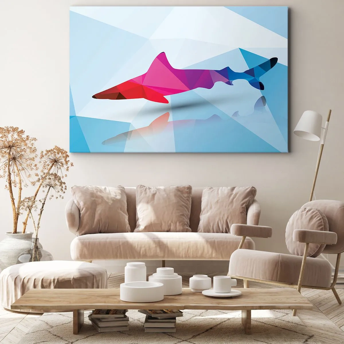Bild auf Leinwand - Leinwandbild - Geometrische Hai-Silhouette in Rosa- und Blautönen - 70x50cm - Ein Hai in einem Kristallraum - Moderne Wanddekoration für Wohnzimmer und Schlafzimmer ARTTOR