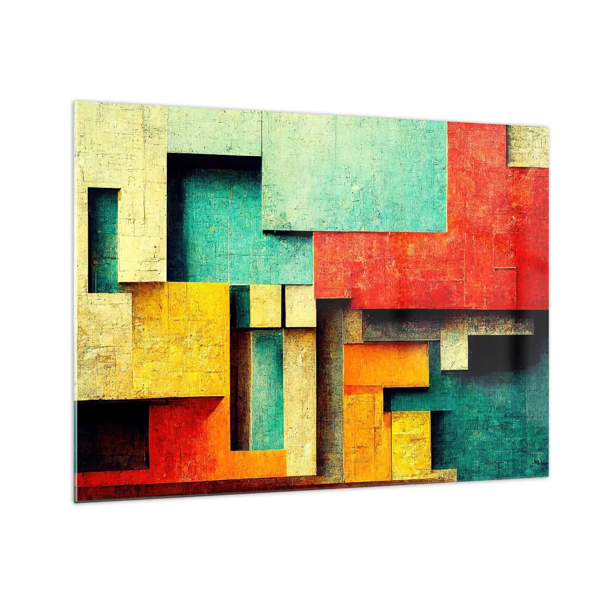 Glasbild - Bild auf glas - Bunte geometrische Abstraktion aus Rechtecken - 70x50cm - Festival der rechten Winkel - Moderne Wanddekoration für Wohnzimmer und Schlafzimmer ARTTOR