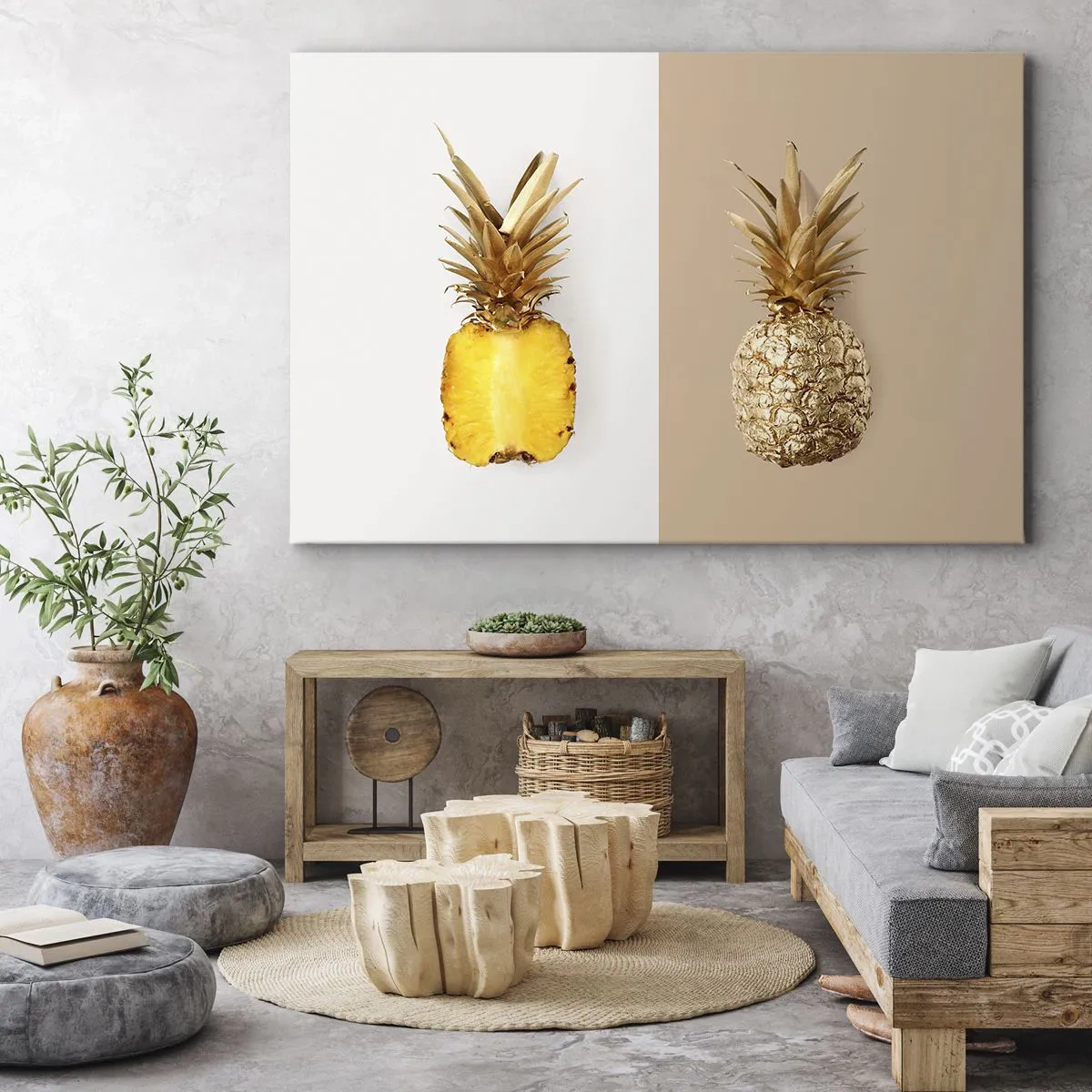Bild auf Leinwand - Leinwandbild - Eine halbe frische, goldene Ananas auf kontrastierendem Hintergrund - 70x50cm - Ananas für uns - Moderne Wanddekoration für Wohnzimmer und Schlafzimmer ARTTOR