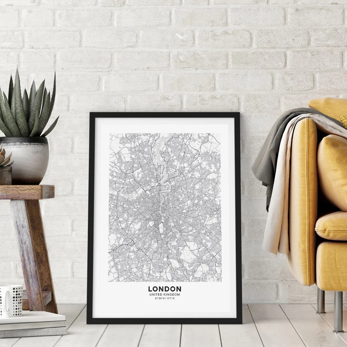 Poster in einem schwarzem Rahmen - Schwarzweißkarte von London mit genauen Straßendetails - 50x70cm - Karte des Labyrinths von London - Moderne Wanddekoration für Wohnzimmer und Schlafzimmer ARTTOR