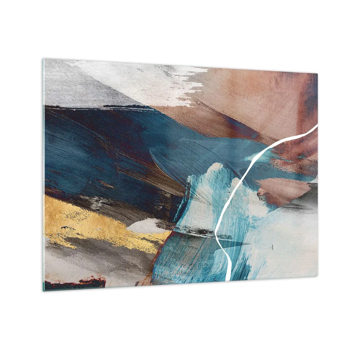 Glasbild - Bild auf glas - Eine abstrakte Komposition in Türkis, Gold und Braun. - 70x50cm - Großzügig und mit Energie - Moderne Wanddekoration für Wohnzimmer und Schlafzimmer ARTTOR
