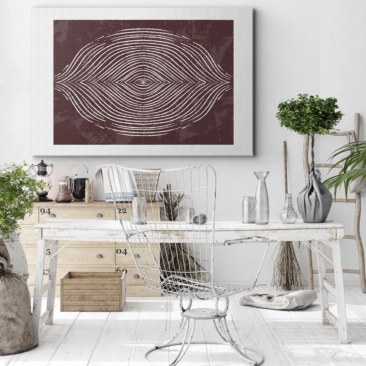 Bild auf Leinwand - Leinwandbild - Symmetrische Wellen in weißen Linien auf braunem Hintergrund - 70x50cm - Der Raum spricht - Moderne Wanddekoration für Wohnzimmer und Schlafzimmer ARTTOR