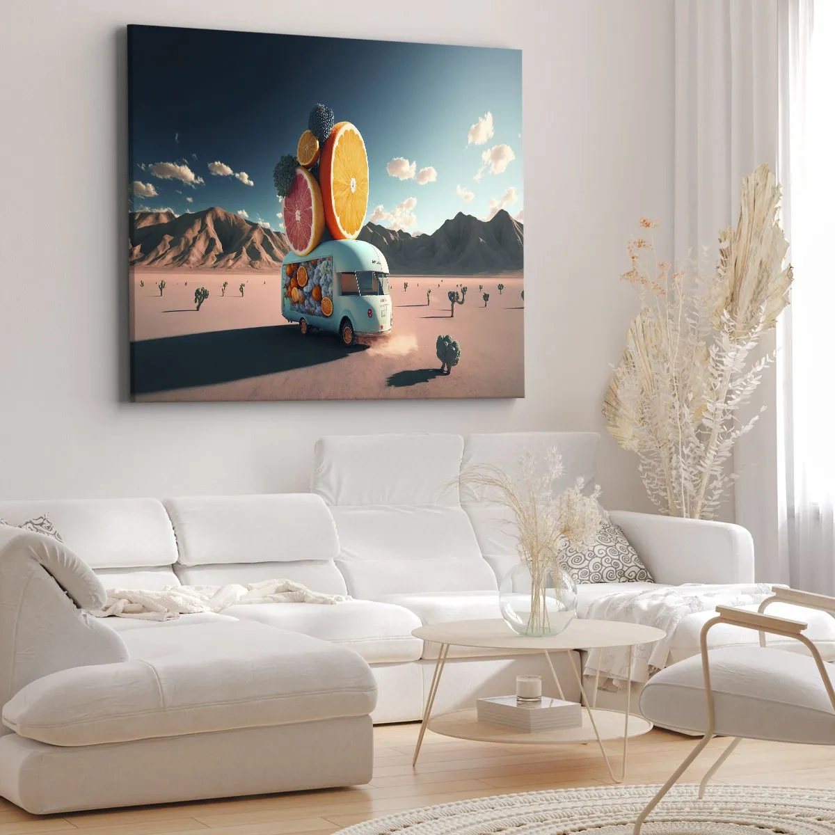 Bild auf Leinwand - Leinwandbild - Obstwagen in einer Wüstenlandschaft - 70x50cm - Geschmack von Urlaub - Moderne Wanddekoration für Wohnzimmer und Schlafzimmer ARTTOR