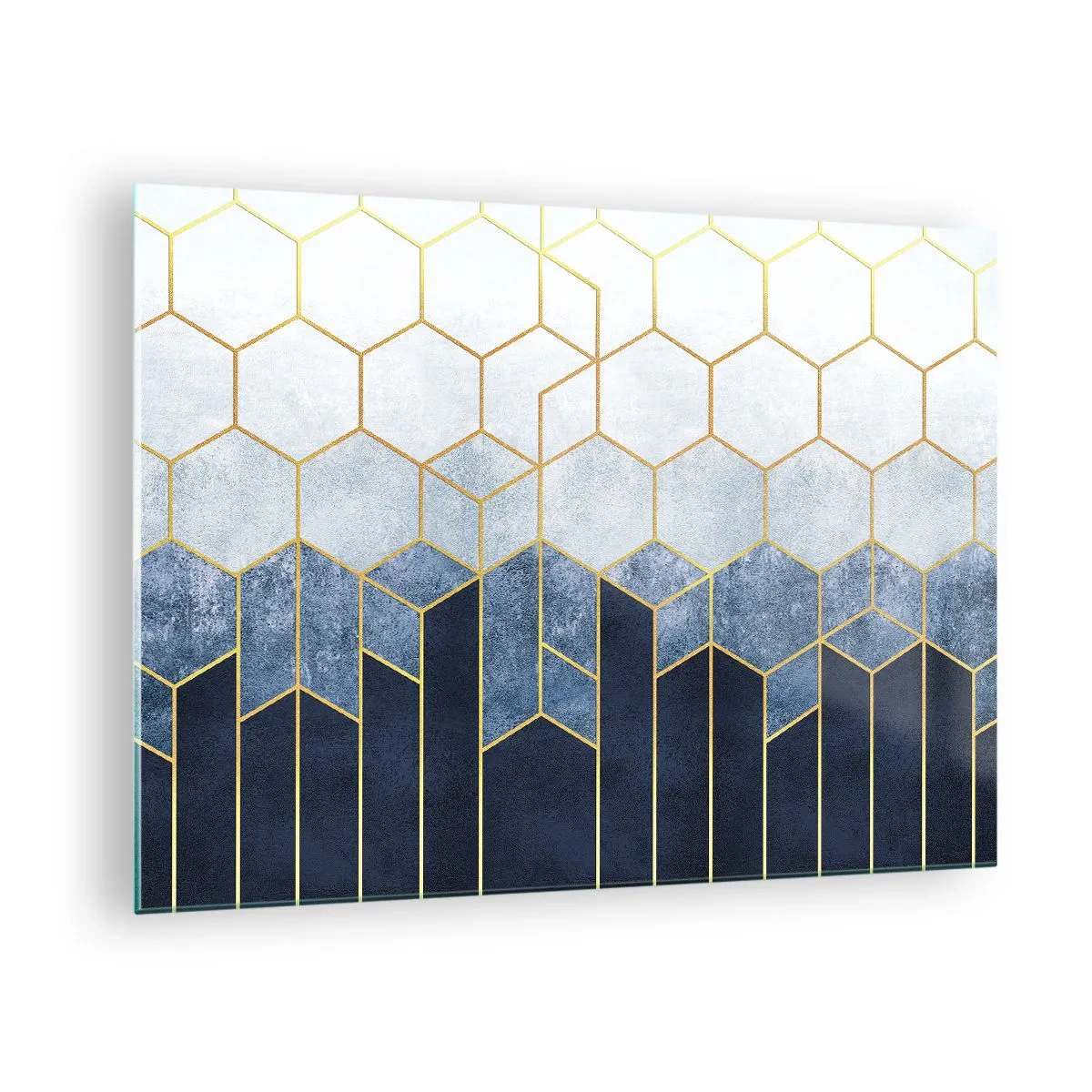 Glasbild - Bild auf glas - Geometrisches Muster in Gold- und Marineblautönen - 70x50cm - Komposition im synkopischen Rhythmus - Moderne Wanddekoration für Wohnzimmer und Schlafzimmer ARTTOR