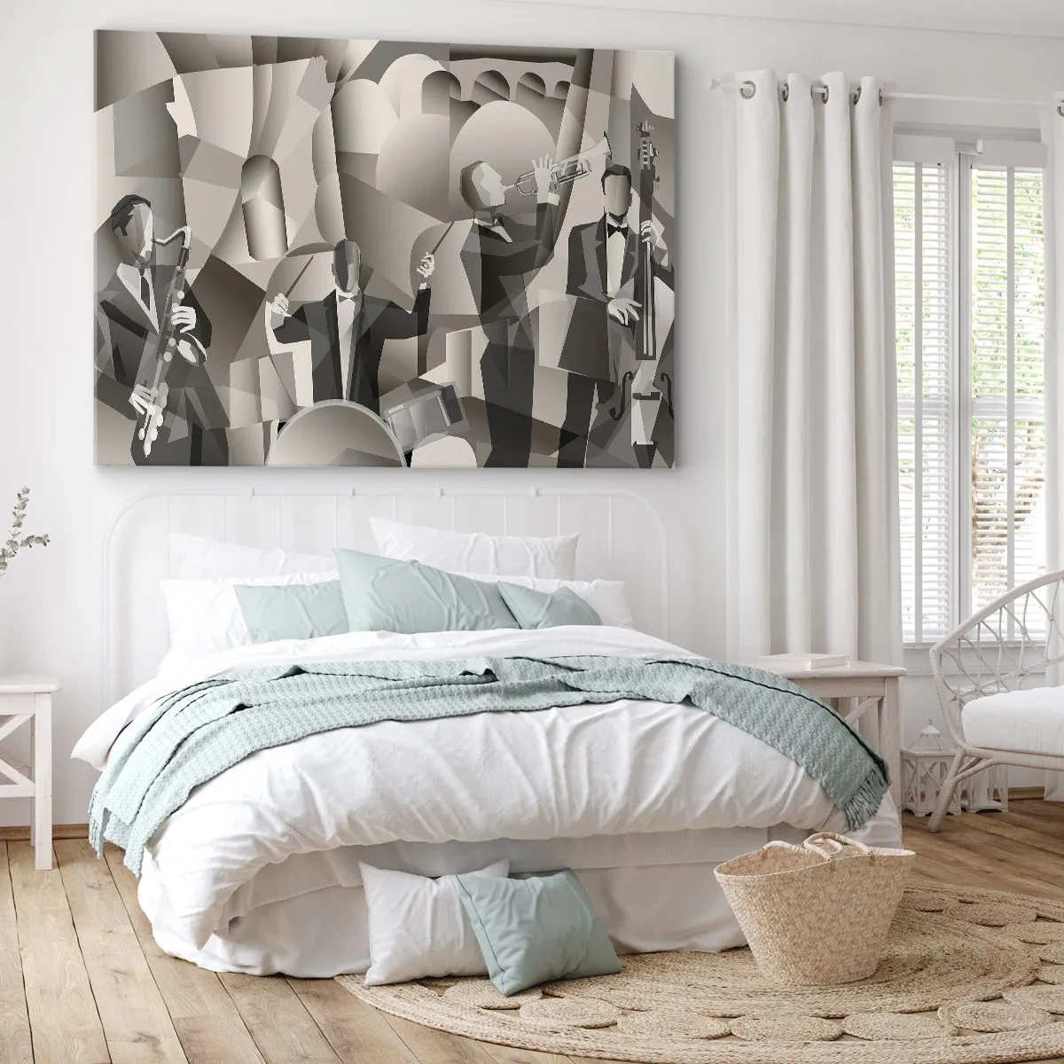 Bild auf Leinwand - Leinwandbild - Abstrakte Szene mit Jazzmusikern in Grautönen. - 70x50cm - Im Raum der Klänge - Moderne Wanddekoration für Wohnzimmer und Schlafzimmer ARTTOR