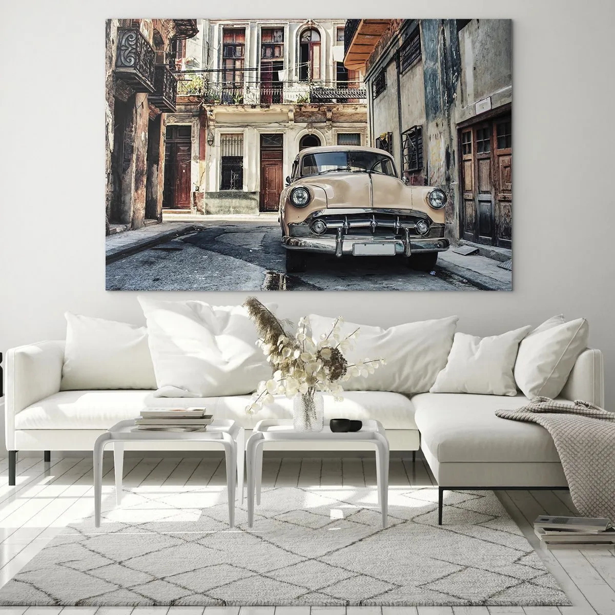 Glasbild - Bild auf glas - Retro-Auto auf der Straße der Altstadt - 70x50cm - Die Siesta in Havanna - Moderne Wanddekoration für Wohnzimmer und Schlafzimmer ARTTOR