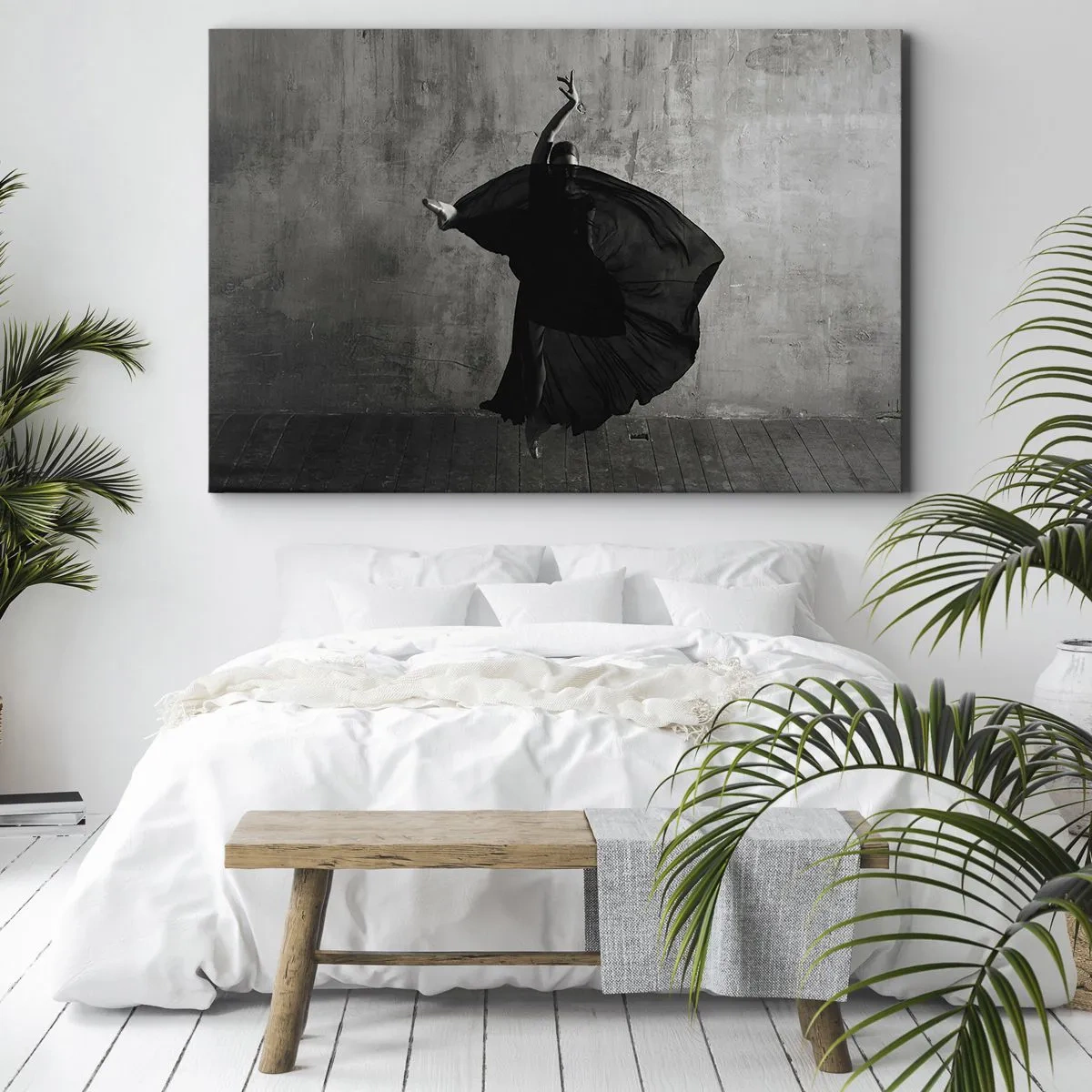 Bild auf Leinwand - Leinwandbild - Schwarz-weiße Silhouette einer Tänzerin in Bewegung vor einem Wandhintergrund - 70x50cm - Leidenschaftlicher Gürtel - Moderne Wanddekoration für Wohnzimmer und Schlafzimmer ARTTOR